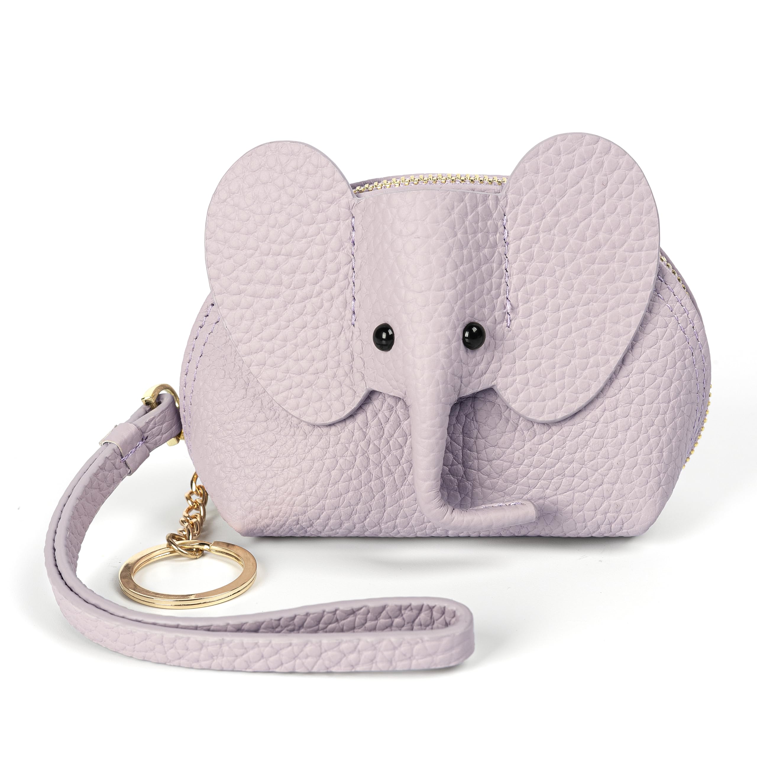 Small Leather Coin Purse for Women Cute Elephant Change Purse for Girls Zipper Coin Pouch Wallet with Key Chain and Wrist Strap (4-Purple)