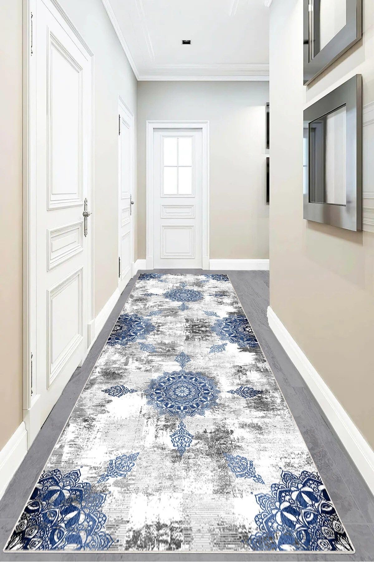 Pelangi Osmanlı Desen Göbekli Dijital Baskı Yıkanabilir Modern Salon Halısı ve Yolluk, Mavi 80 x 500, 9554329805007