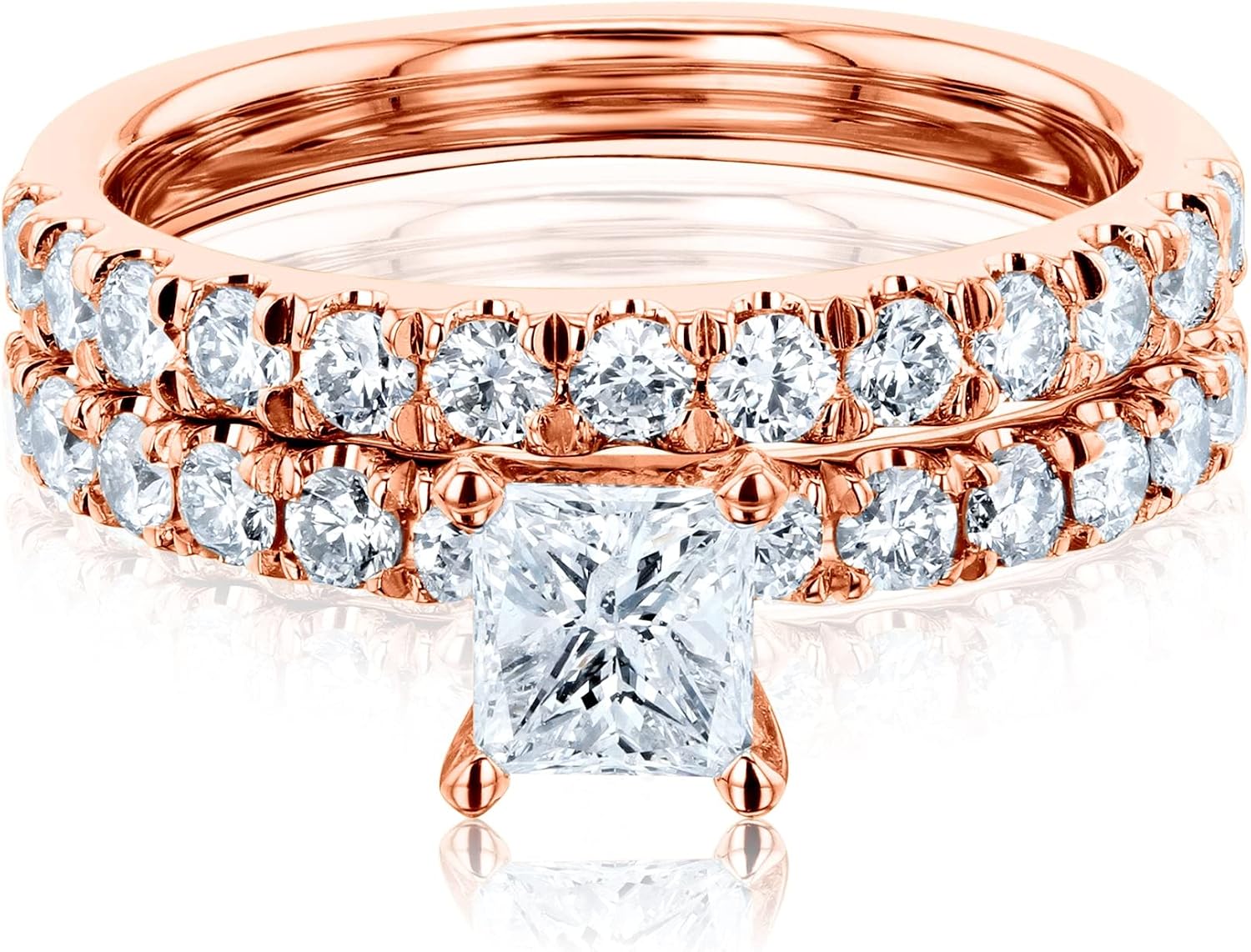 1 1/2 ctw Natural Princess Cut Diamond French Pave Bridal Set 14K Gold - rose-gold / 4.0