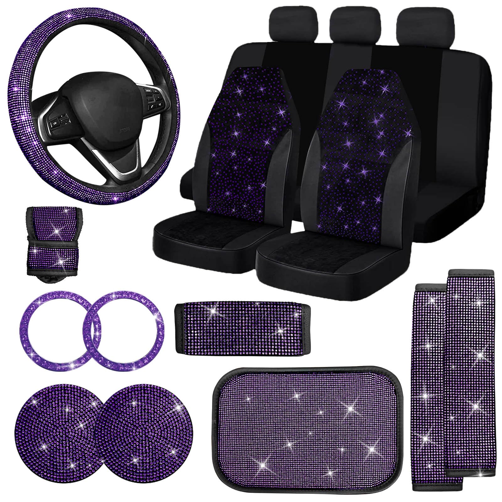 Jusen 17 Pack Bling Car Seat Covers Set, Diamond Accessories Rhinestone Crystal Steering Wheel Cover, Velvet Breathable (Purple, Half Part Bling)