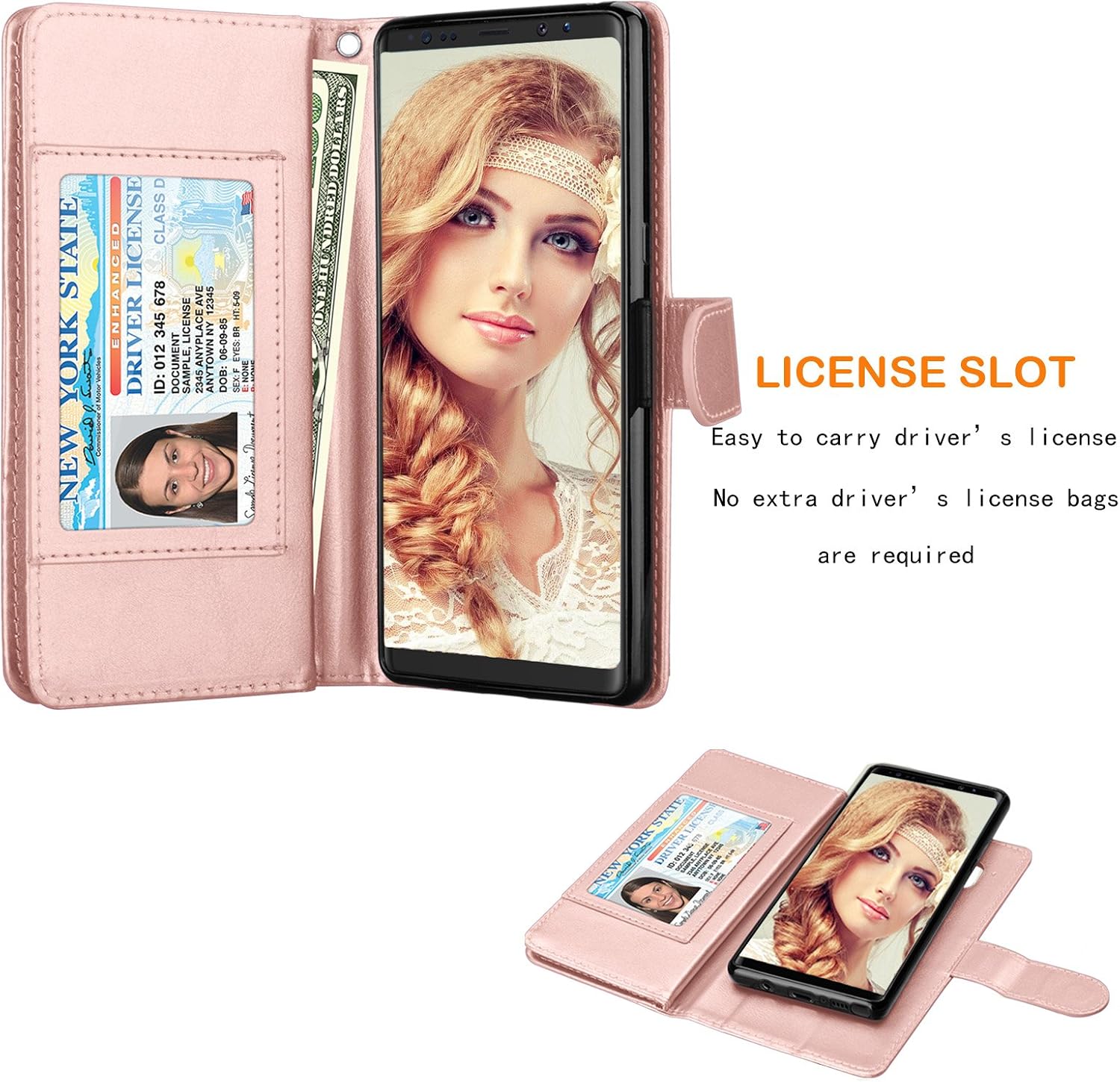 NJJEX for Galaxy Note 8 Case, for Note 8 Wallet Case, PU Leather [9 Card Slots] ID Credit Folio Flip Cover [Detachable] [Kickstand] Magnetic Phone Case & Wrist Strap for Samsung Note 8 [Rosegold]