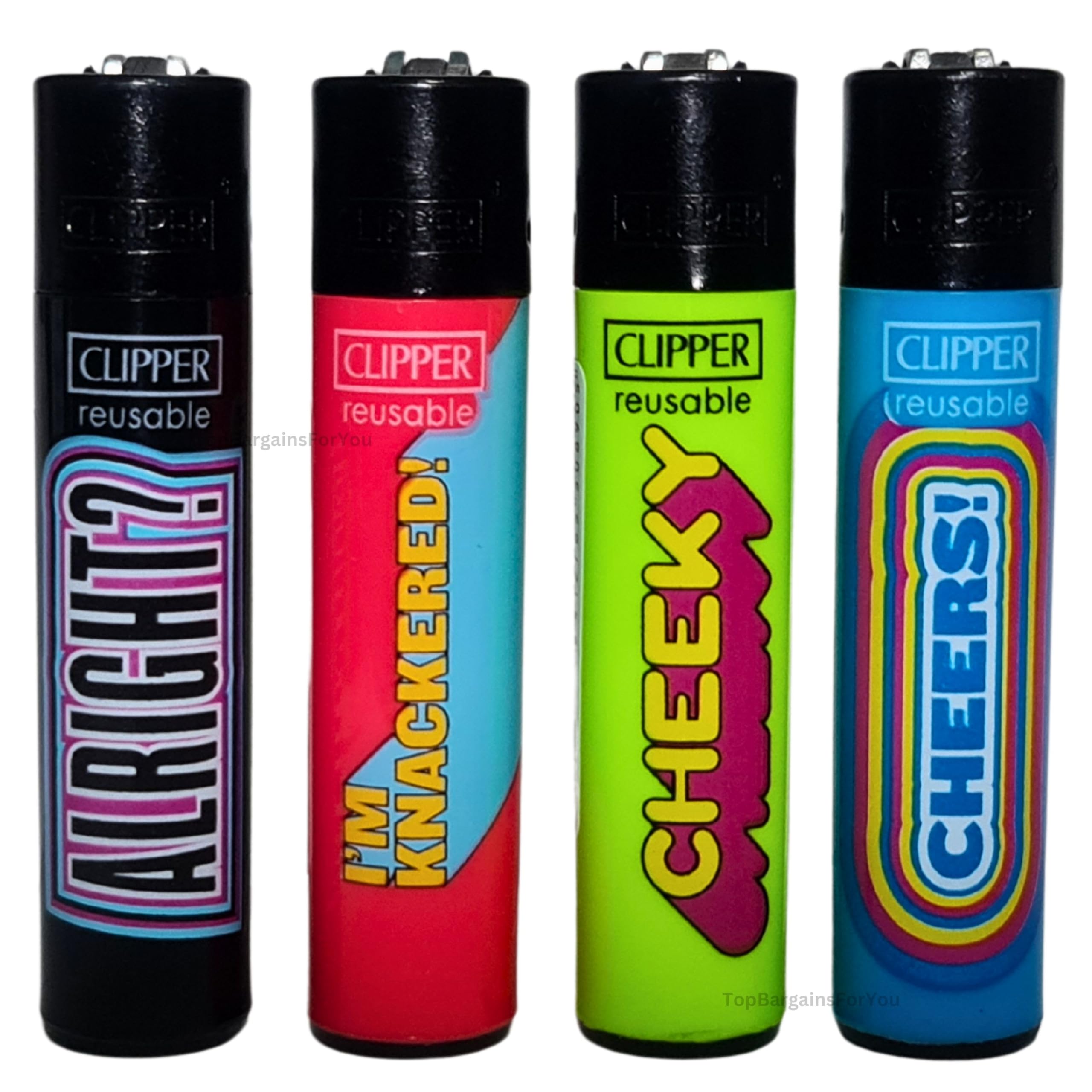 Zactly - 4 x Clipper Lighters ENGLISH WORDS NAUGHTY FUNNY SAYINGS Design Set Refillable Gas Lighters, Rare Limited Edition