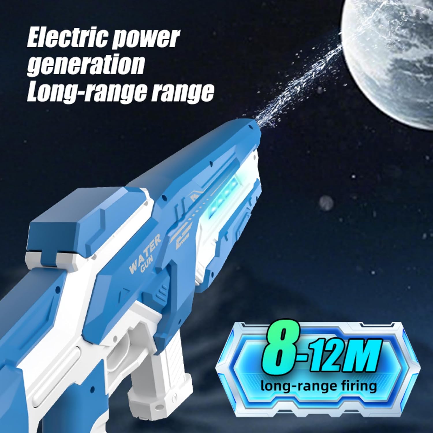 Max Electric Water Gun for Adults & Kids – 16.5" Large Automatic Blaster with Fast Auto Suction, 40ft Long Range, Pulse Light Strip, External Water Bottle, Rechargeable (Blue)