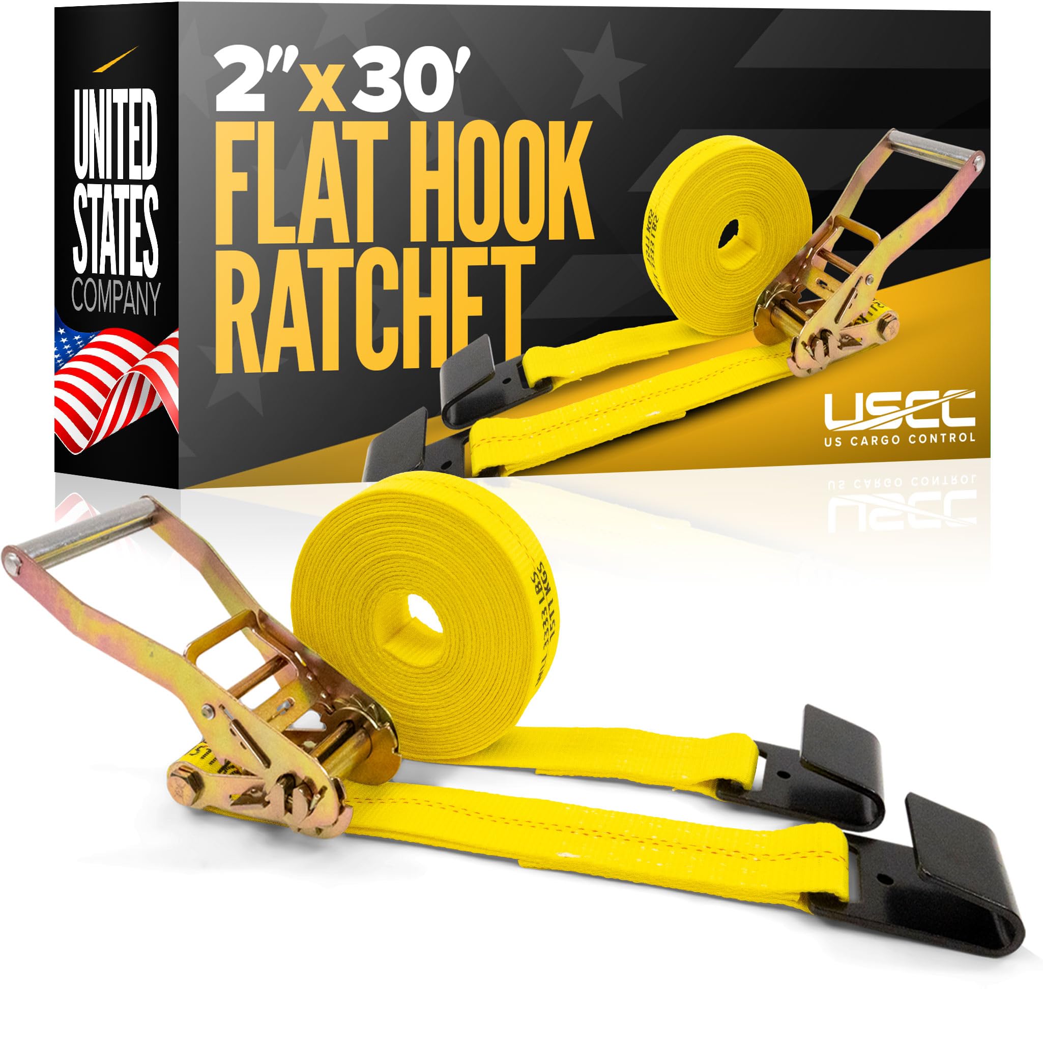 US Cargo Control Flat Hook Ratchet Strap 2 Inch X 30 Foot, 10,000 LBS Break Strength, Yellow Heavy Duty Ratchet Straps with Black Flat Hooks, Tie Downs for Flatbed Trailer