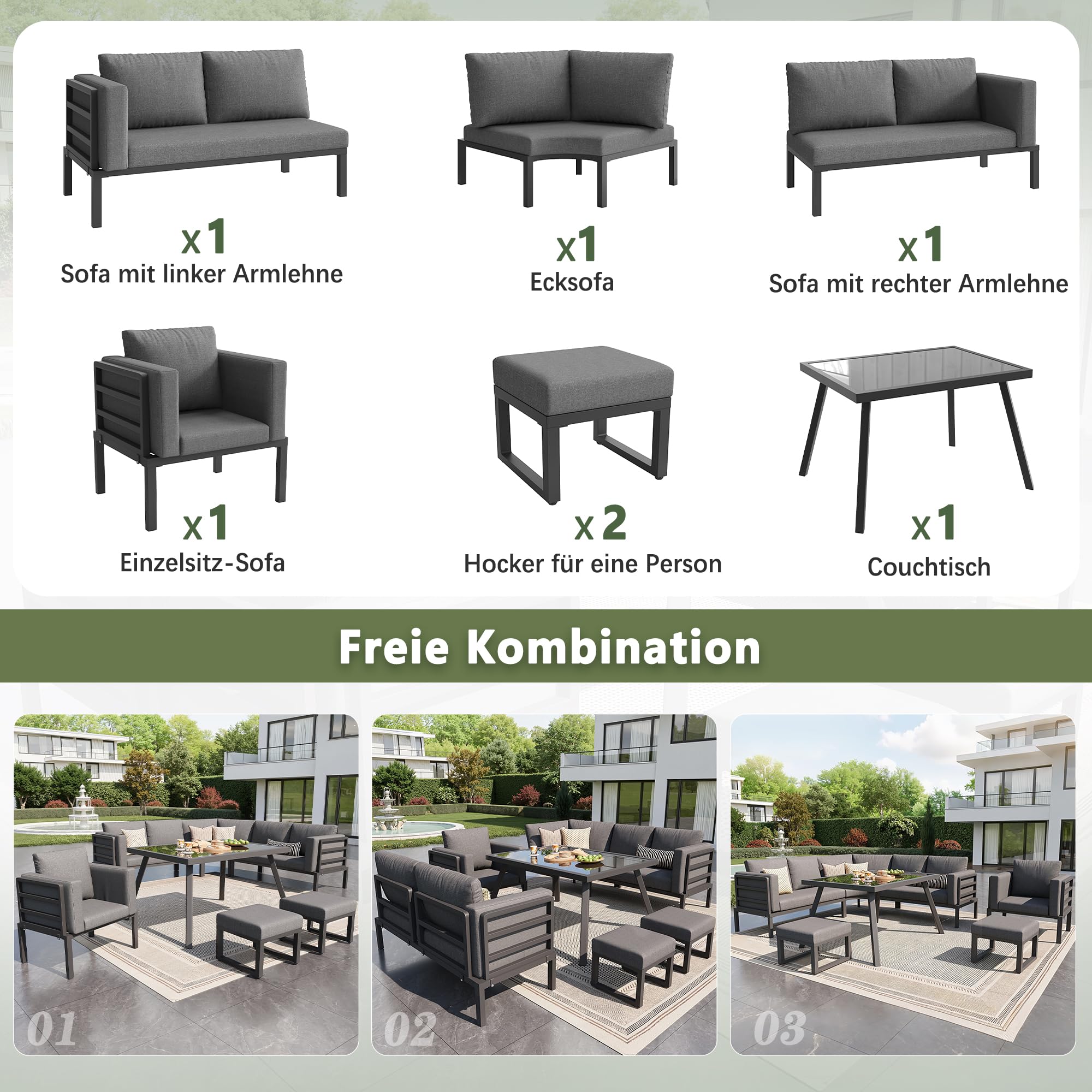 Mrwoo Halbmond Sofaset für 8 Personen mit Glastisch, 1 Sessel & 2 Hocker, Wetterfeste Gartenmöbel aus Eisengestell mit grauen Polstern für Terrasse & Balkon (Grau)
