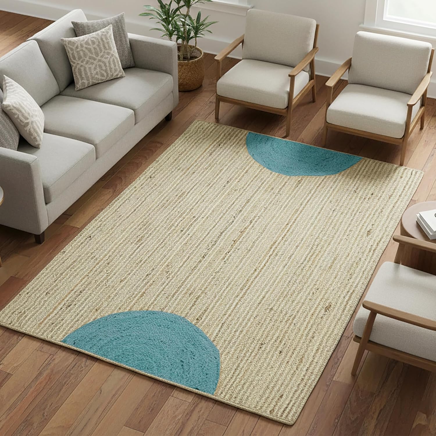 Premium Quality Jute Rug 12x15 Feet Area Rug Natural Fiber Jute Rugs Thick 0.27" Sky-Blue Geometric Striped Pattern Rugs for Bedroom, Kids Room, Farmhouse Design, Outdoor Carpet
