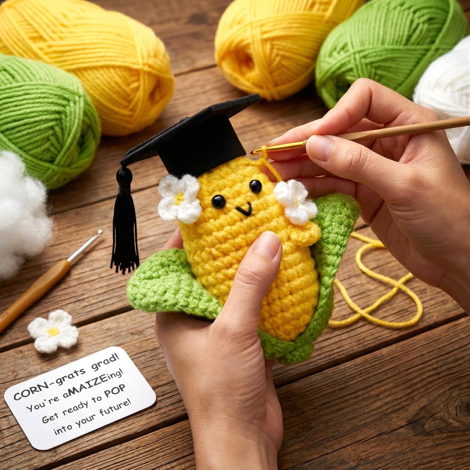 Crochet Graduation Corn Gift with Funny Puns | Cute Positive Popcorn Keepsake for Class of 2026 High School, College & University Graduates