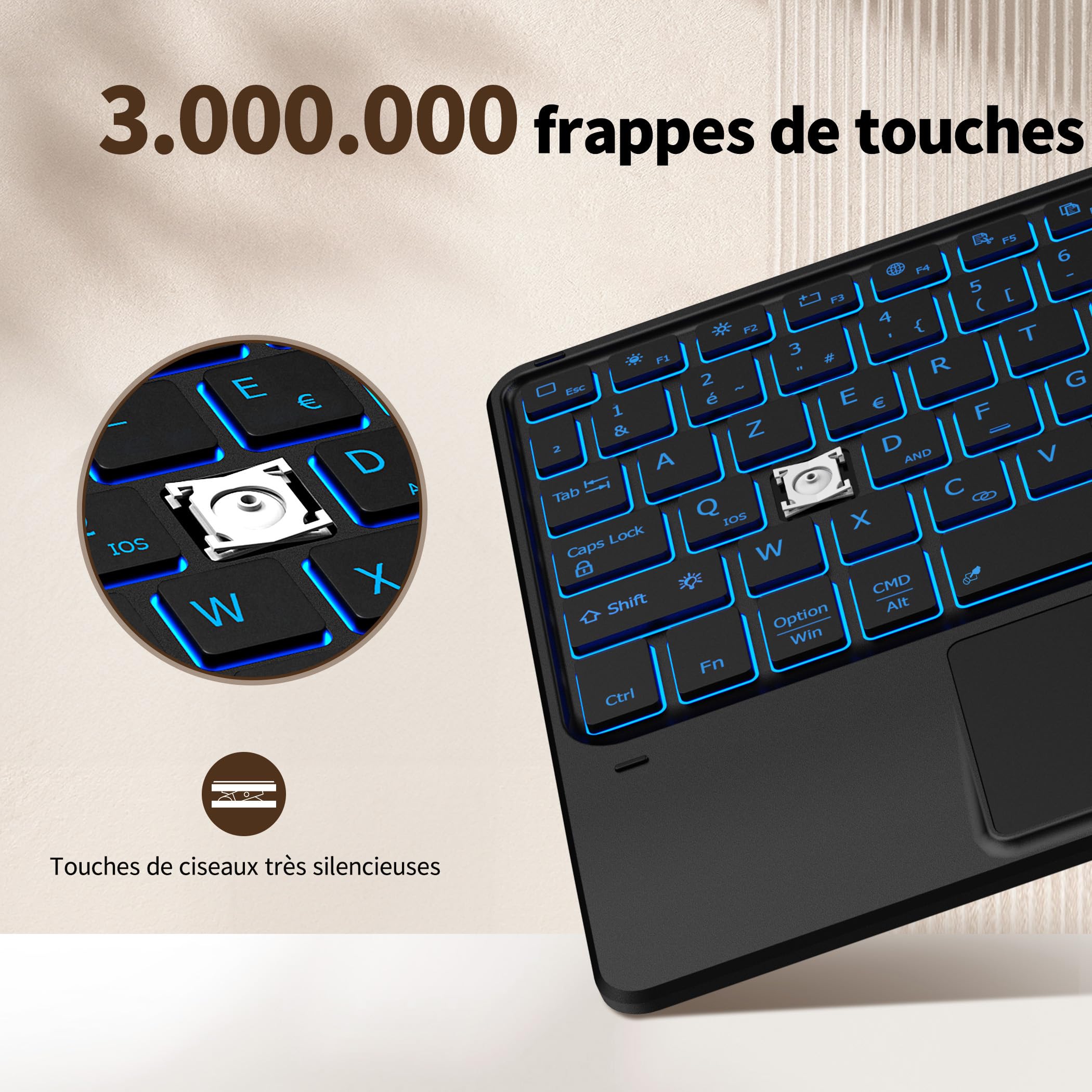 CACOE Clavier avec Pavé Tactile, Clavier sans Fil Bluetooth 10 Pouces avec Rétroéclairage, [AZERTY] Clavier Léger Fin pour iPad, iPad Pro/Air, Android Samsung, Xiaomi, Huawei, Lenovo Tablette,Noir