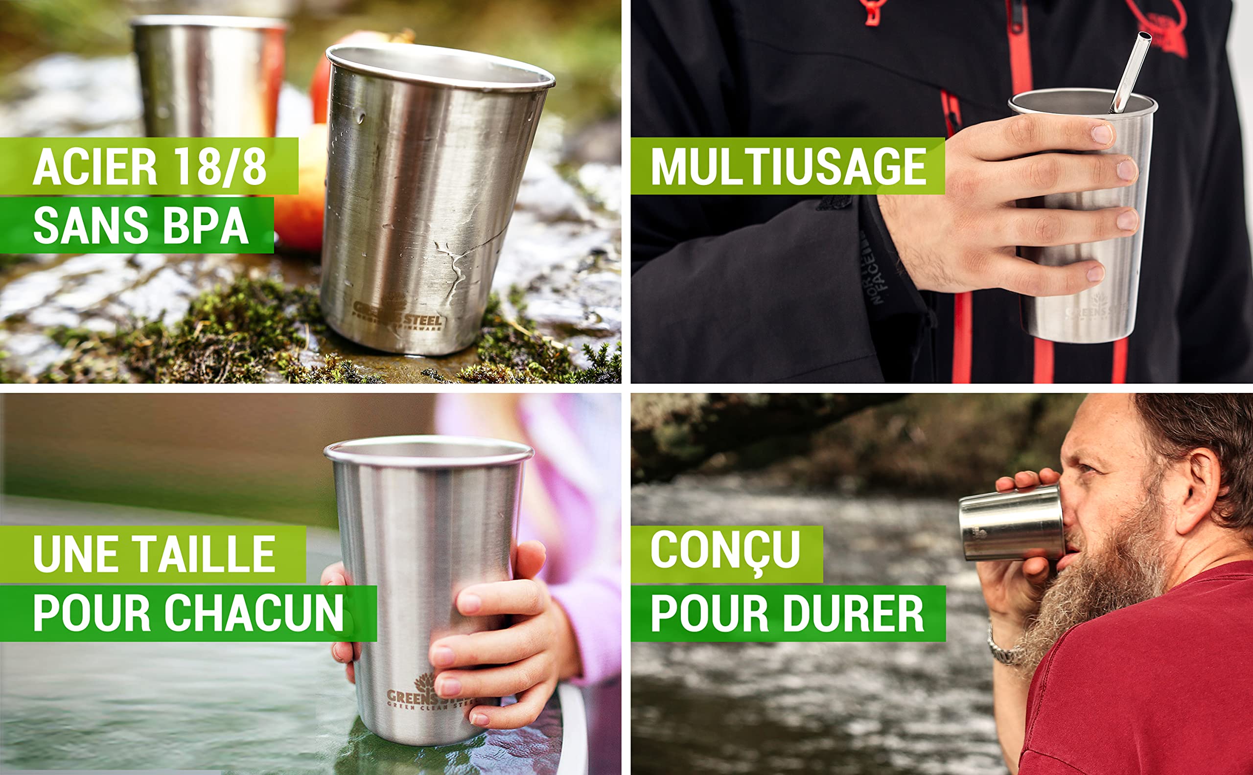 Greens Steel Gobelet en Acier Inoxydable Premium #1, 475ml, Gobelet Inox Enfant et Adulte (Lot de 4) - Verres en Métal Premium - Tasse Empilable, Durable