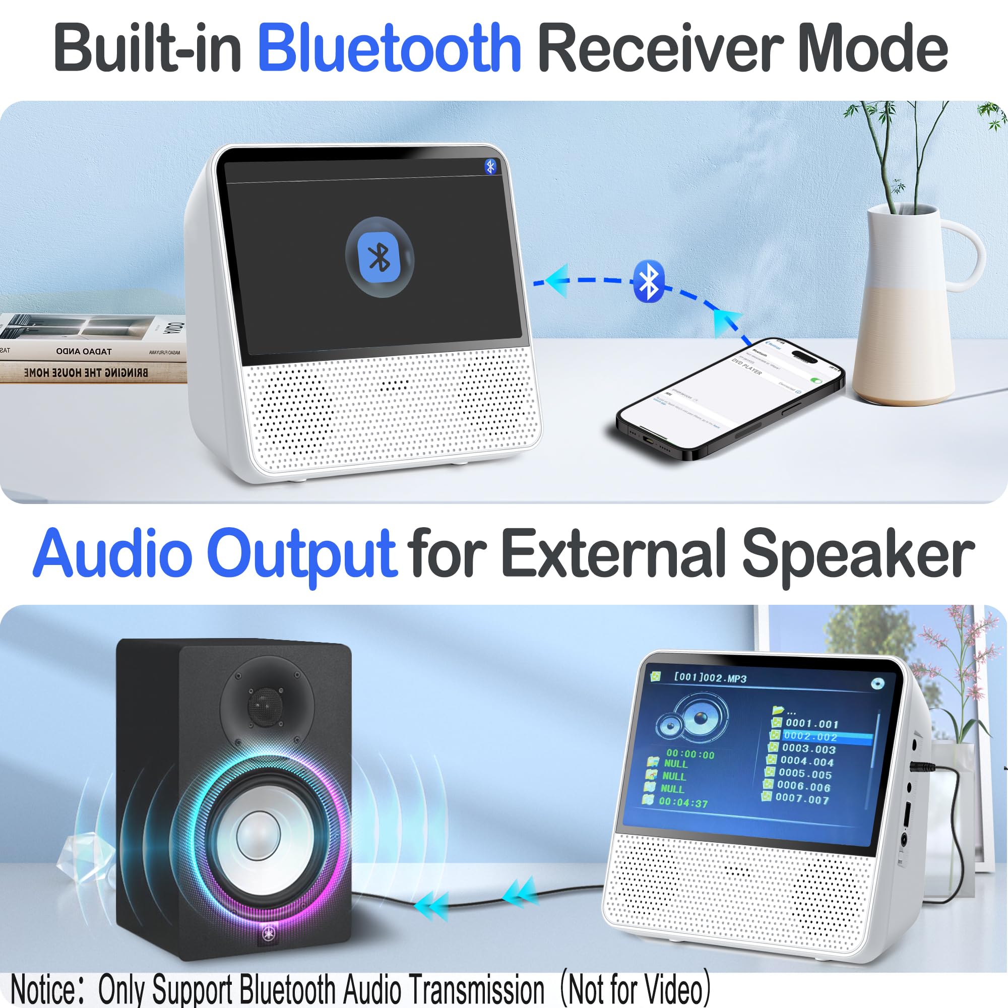 Lecteur DVD Portable Bluetooth 4000mAh Rechargeable Region Free pour Voiture avec Haut-parleurs Intégrés Double Compatible CD USB RCA Prise Casque
