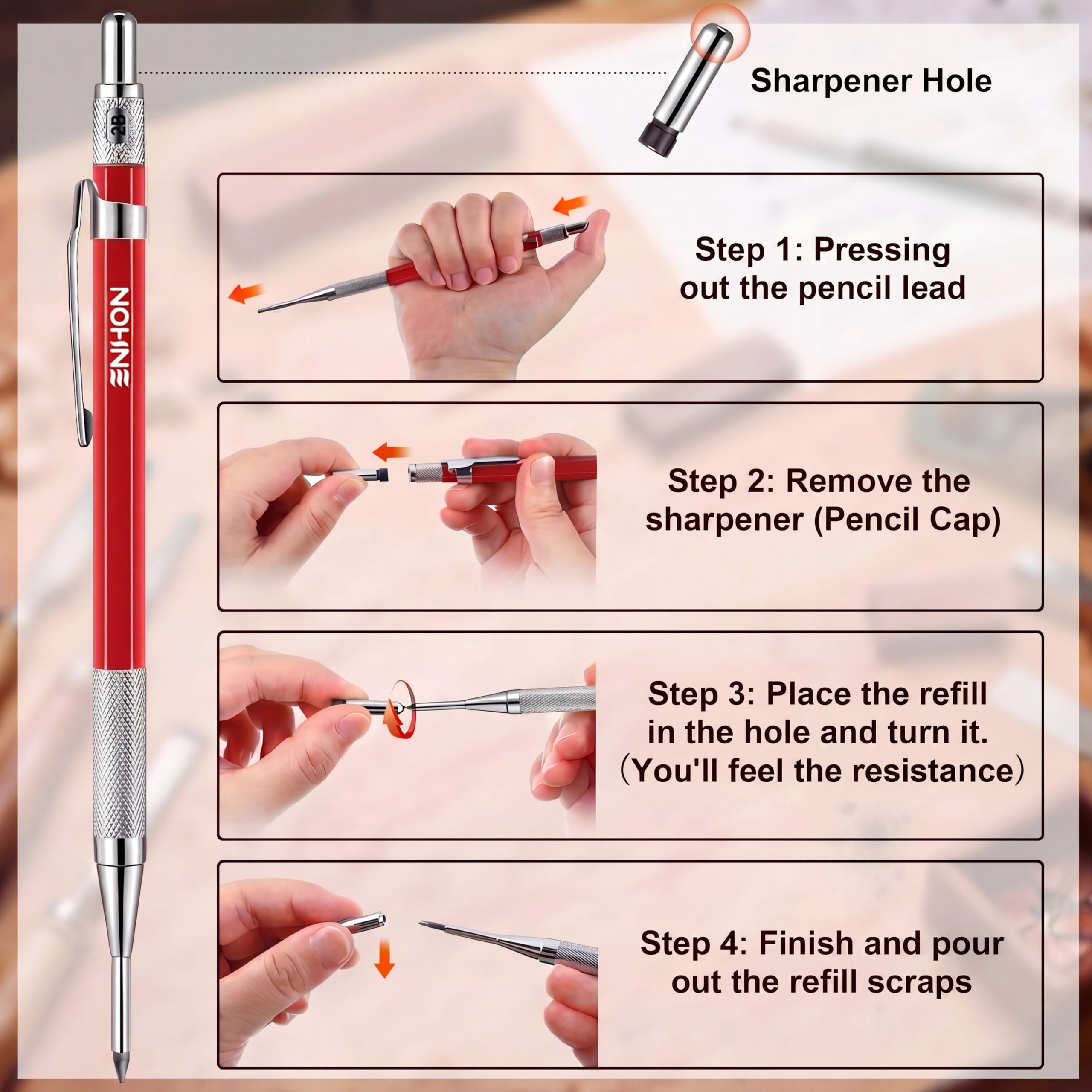 Enhon 2mm Carpenter Pencil Set with 12 Refills and Sharpener, Red — Amazon image 4