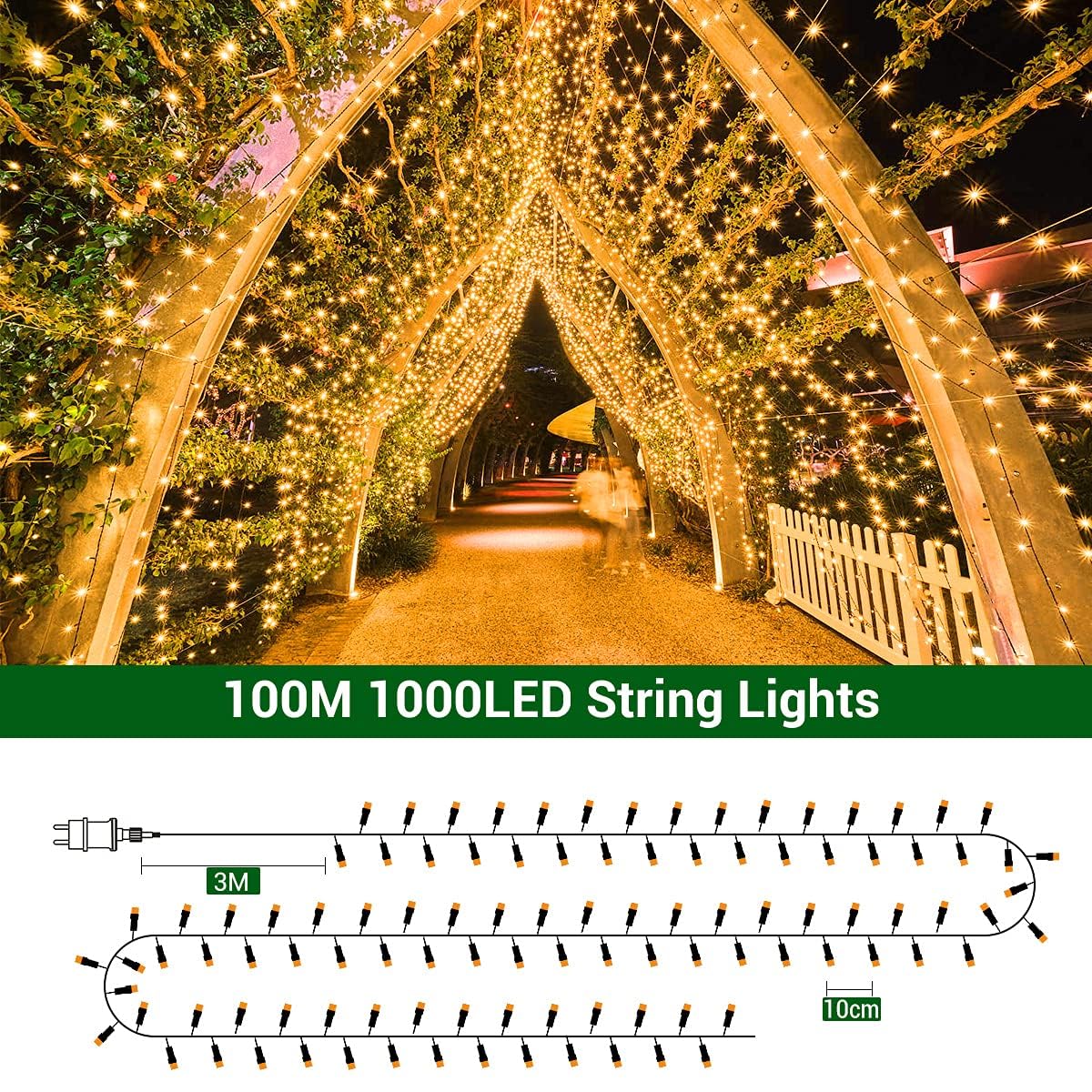 1000LEDs 100M Luci Natale Esterno, Luci per Albero di Natale Impermeabile con 8 Modalità, Catena Luminosa Esterno Luci Natalizie per Albero/Natale/Giardino/Interno/Festa, Bianco Caldo