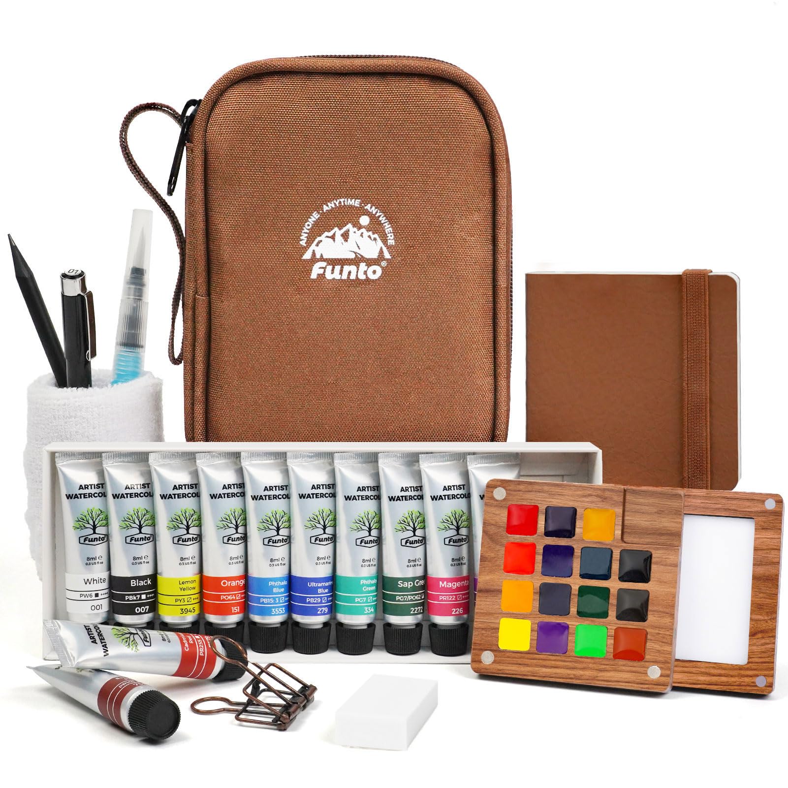 Funto Mini Aquarell Reise-Set, 12-Farben Nachfüllbares Kunst-Reise-Set, All-in-One Mini-Malbedarf mit Tasche