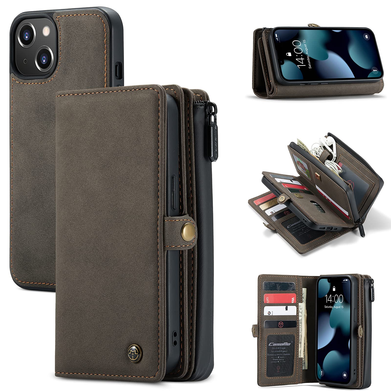 Compatible with iPhone 13 case Zipper Wallet Case [Magnetic Closure] Detachable Protector Cover 18 Card Slots case for iPhone 13(Brown, iPhone 13)