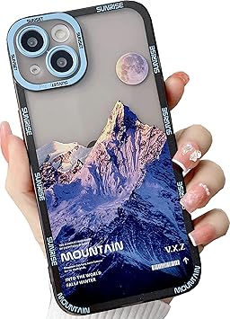 JANDM Compatible with iPhone 13 Case, Romantic Mountain Sunset Clouds Moon Night Scenery Lovely Phone Case Soft Shockproof Camera Protective Cute for Women Girls Case for iPhone 13 -Blue