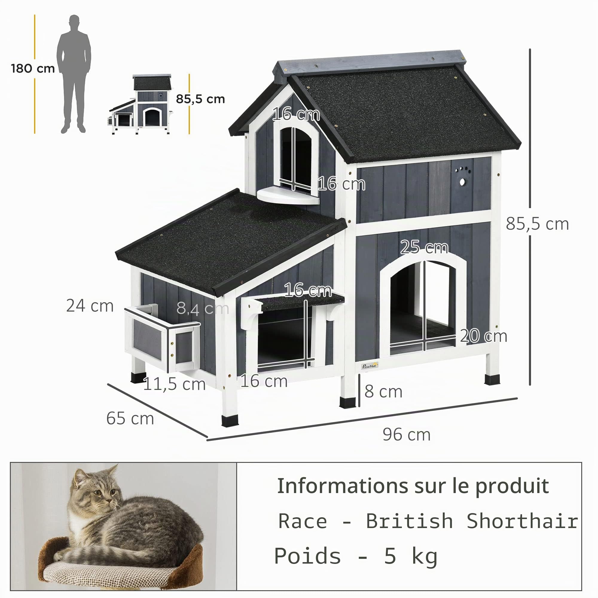 PawHut Maison Chat extérieure en Bois Pot Fleurs fenêtres - Gris | Entrées multiples, toit résistant à l'eau