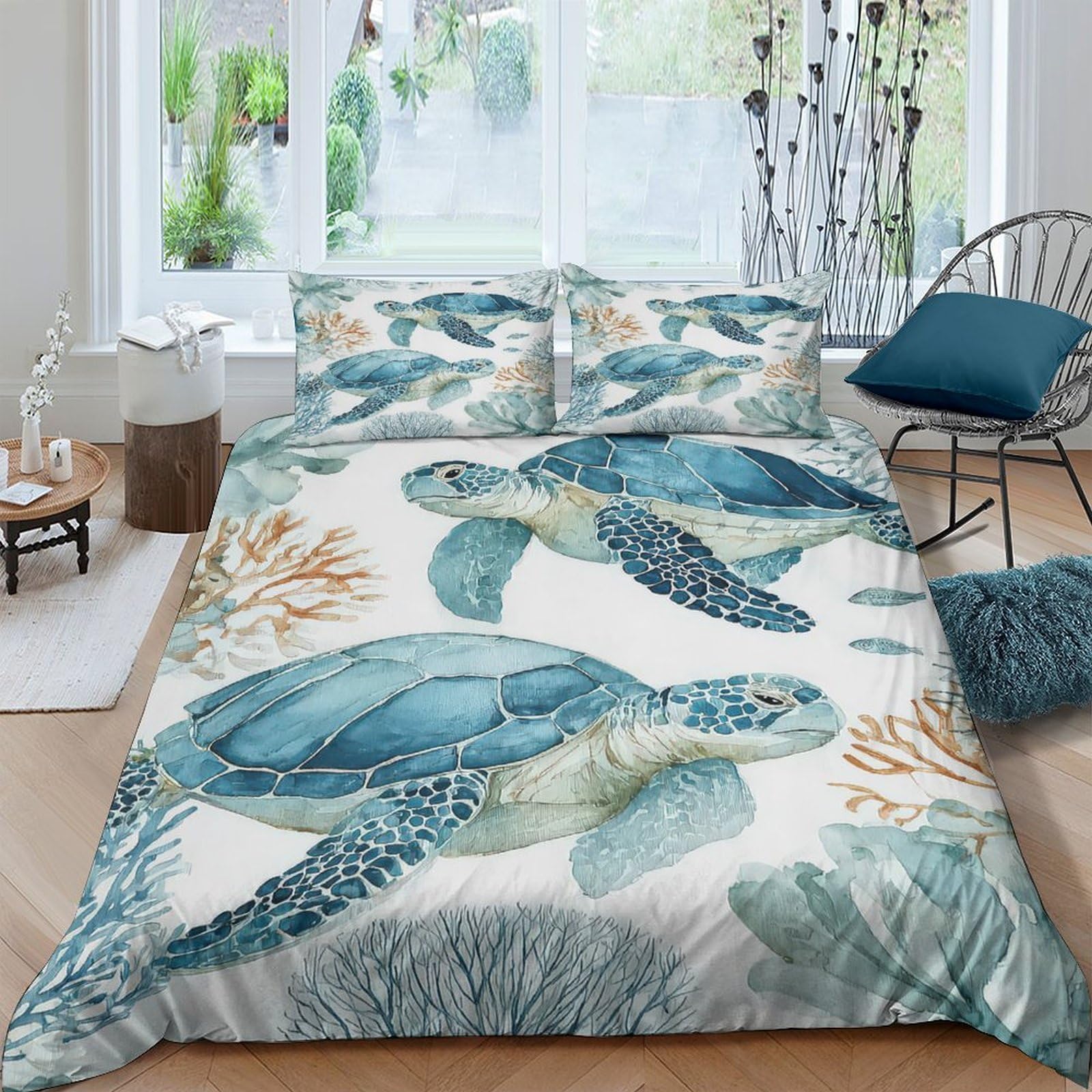 GPLZQXKJNH 3D Printed Sea Turtle Duvet Cover Microfiber Soft Breathable Ocean Coral Bedding Set with 2 Pillowcases for Bedroom Decor Single（135x200cm）