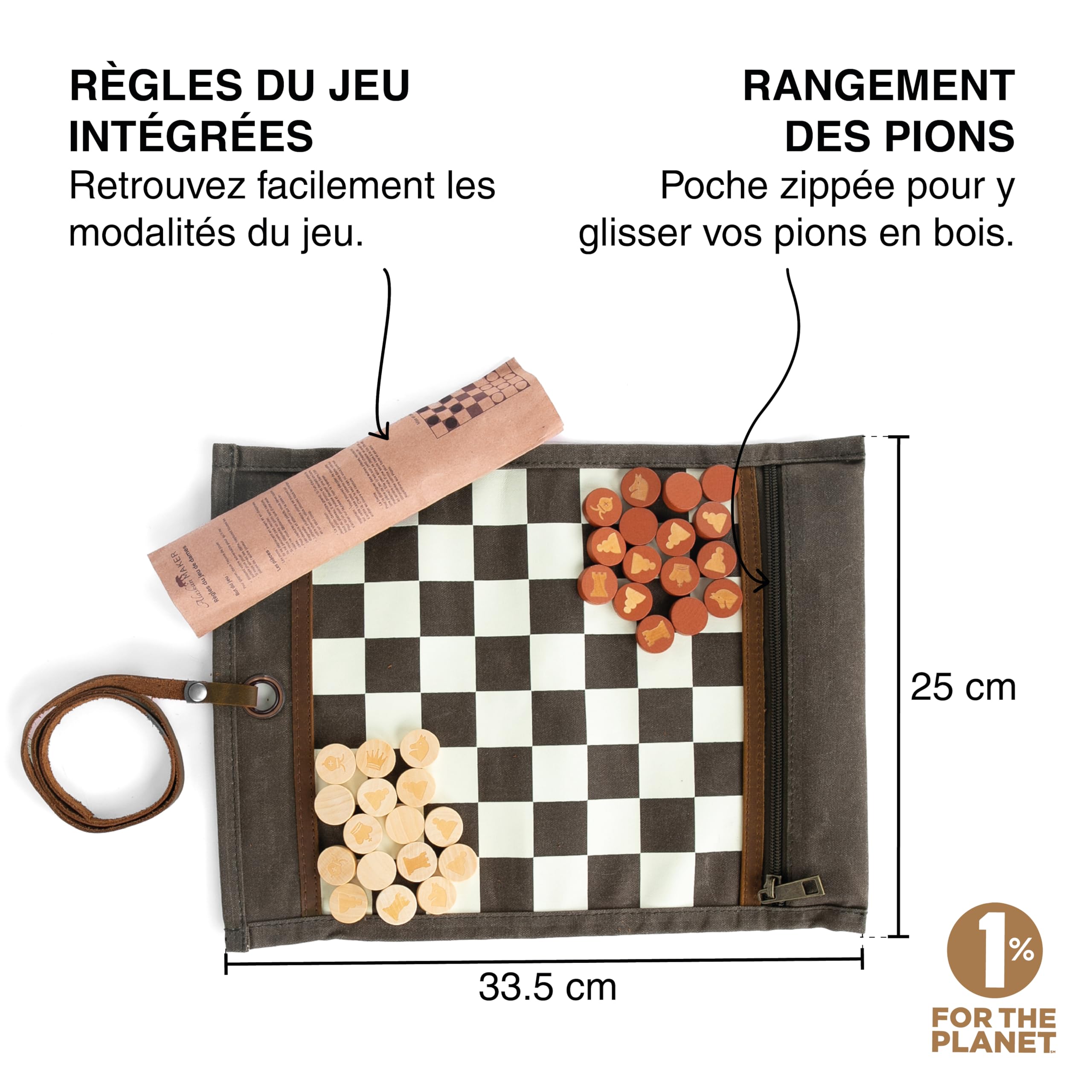 Alaskan MAKER - Jeu d'Échecs & Dames 2 en 1 - Tapis en Toile Waxée Enroulable - Pions en Bois - Lanière en Cuir Pleine Fleur - Idéal pour Voyager & Jouer Partout (Kaki)