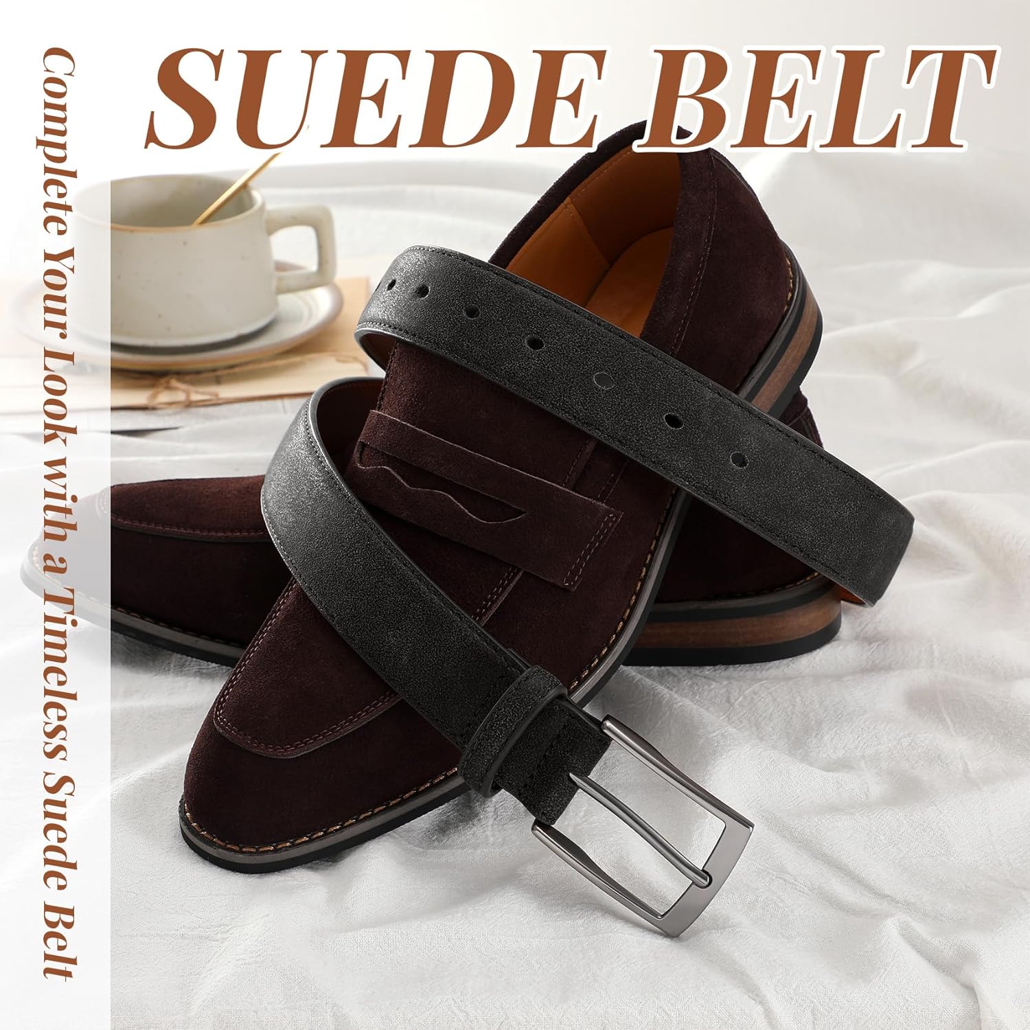 XZQTIVE Mens Suede Belt - 1 3/8" Genuine Leather Dress Belt for Jeans Dress Handmade Classic Every Day Belt - Image 3