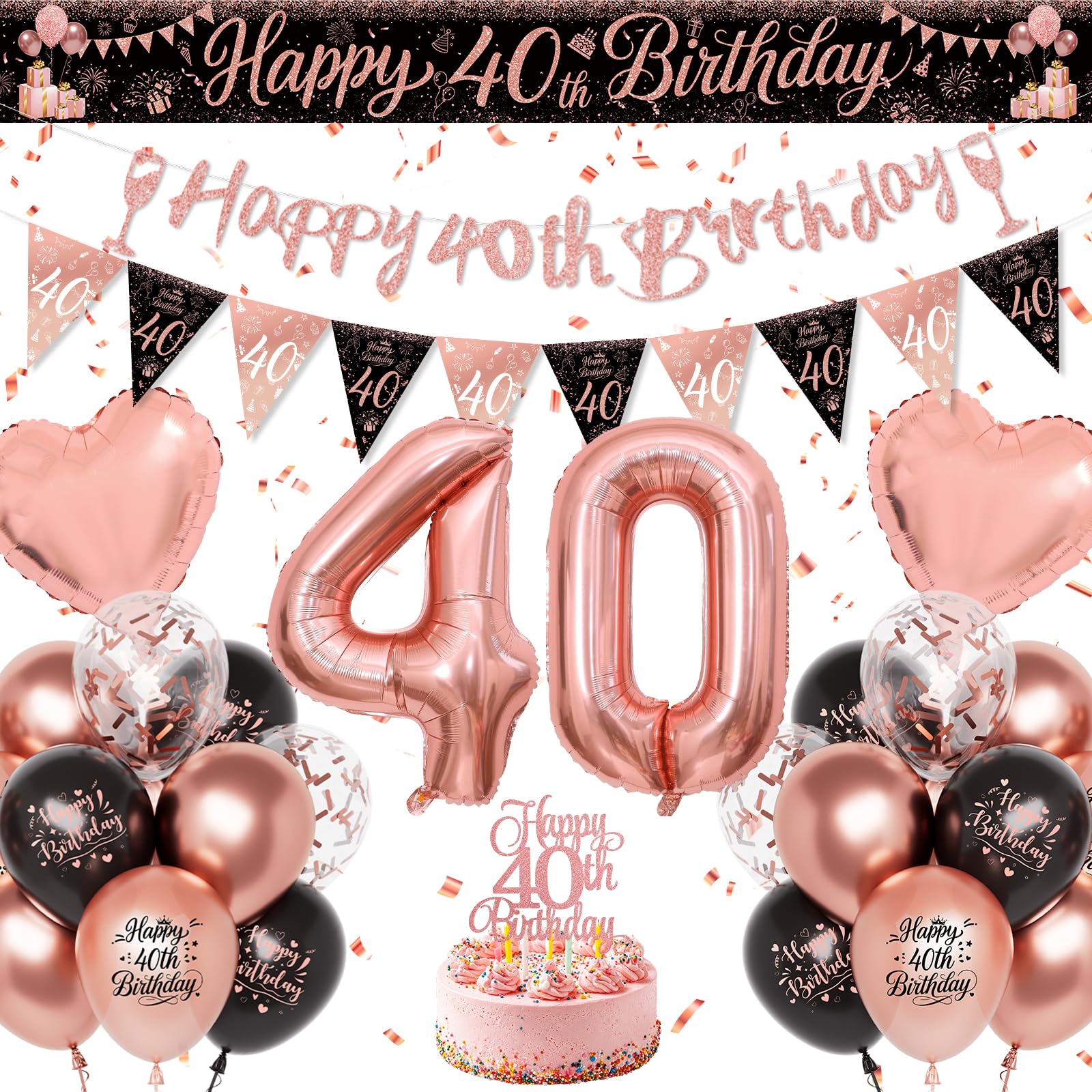 40th Birthday Decoration for Women, 30pcs Rose Gold Black Balloons Kit