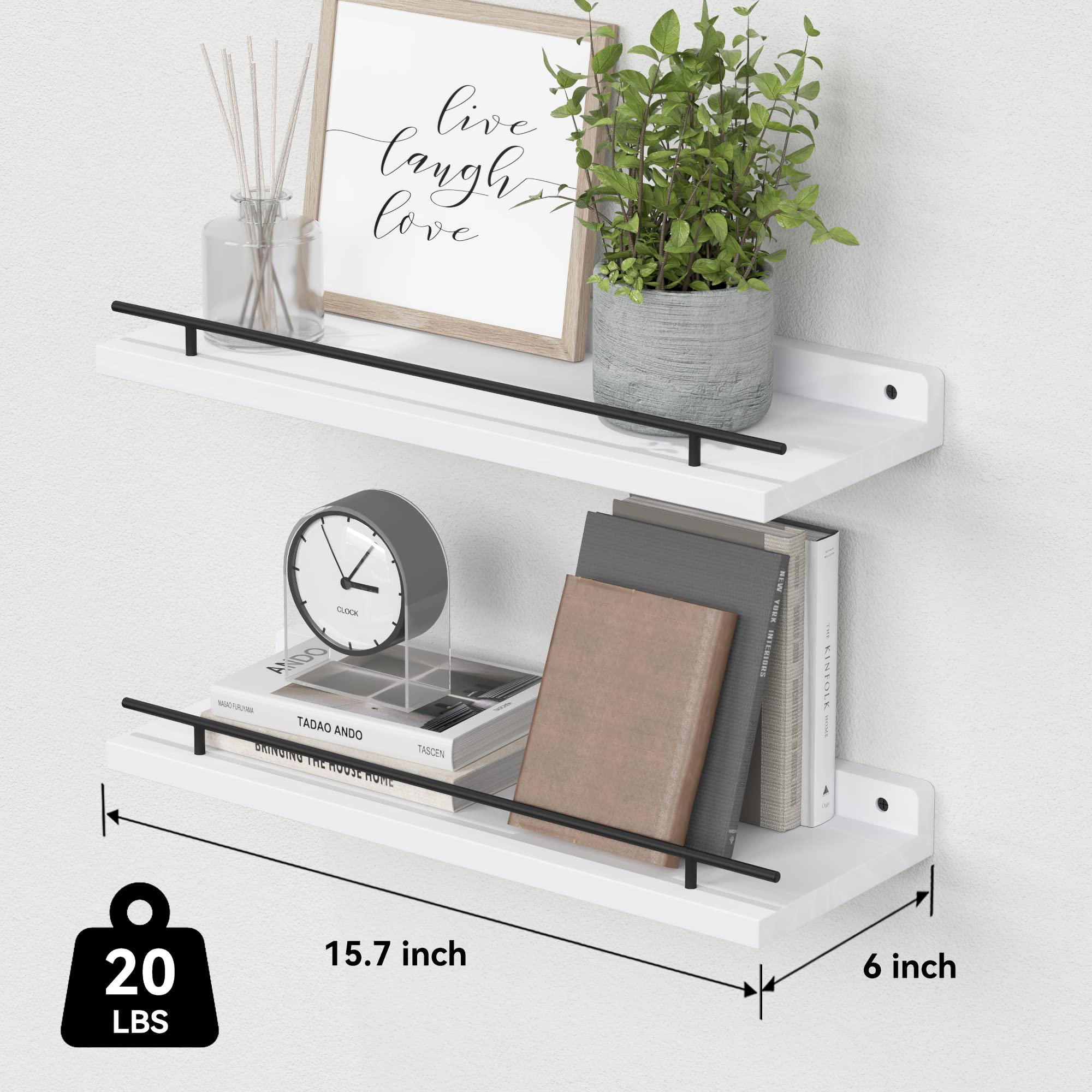 WOPITUES Floating Shelves with Black Metal Rail, 4 Set Shelves for Wall Decor, Modern Wood Wall Shelves for Bathroom, Bedroom, Living Room, Kitchen, Plants, Books, Picture Frames- Black in White