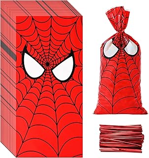 100 Pcs Spider Web Print Treat Bags Spider Cellophane Candy Bags Plastic Goodie Storage Bags Spider Hero Party Favor Bags with Twist Ties for Kids Hero Theme Birthday Party Supplies
