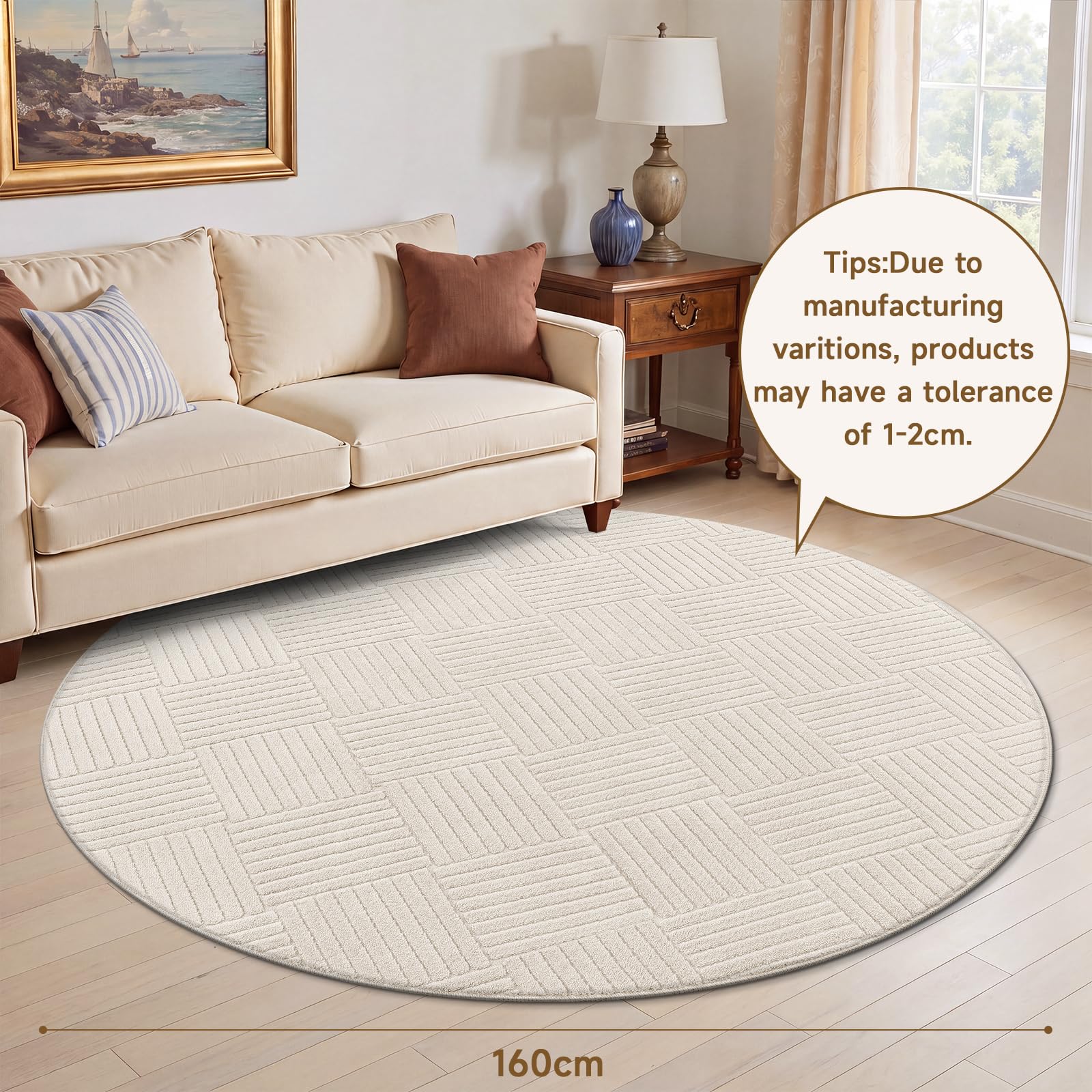 Homdeco Tapis rond doux et moelleux pour salon, tapis d'intérieur moderne, antidérapant et antidérapant pour salon, chambre d'enfant et salle à manger, 160 cm, beige