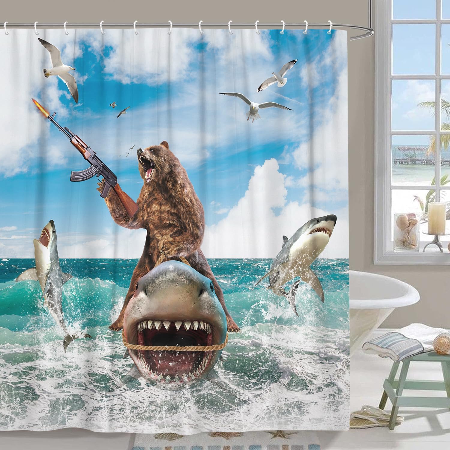 Funny Cat Shower Curtain, Fun Cat Riding Shark Shower Curtain Liner, Ocean Sea Blue Kids Waterproof Bathroom Curtain Set with Hooks 69x84inches