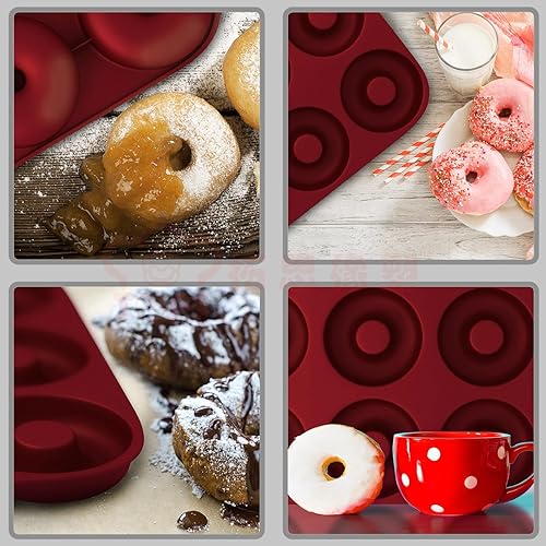 Miniatura 5 de Silicona Donut Pan para hornear Moldes de Donut de grado profesional 9Cavidad de Donut PanFUNLAVIE, rojo, (claret red)