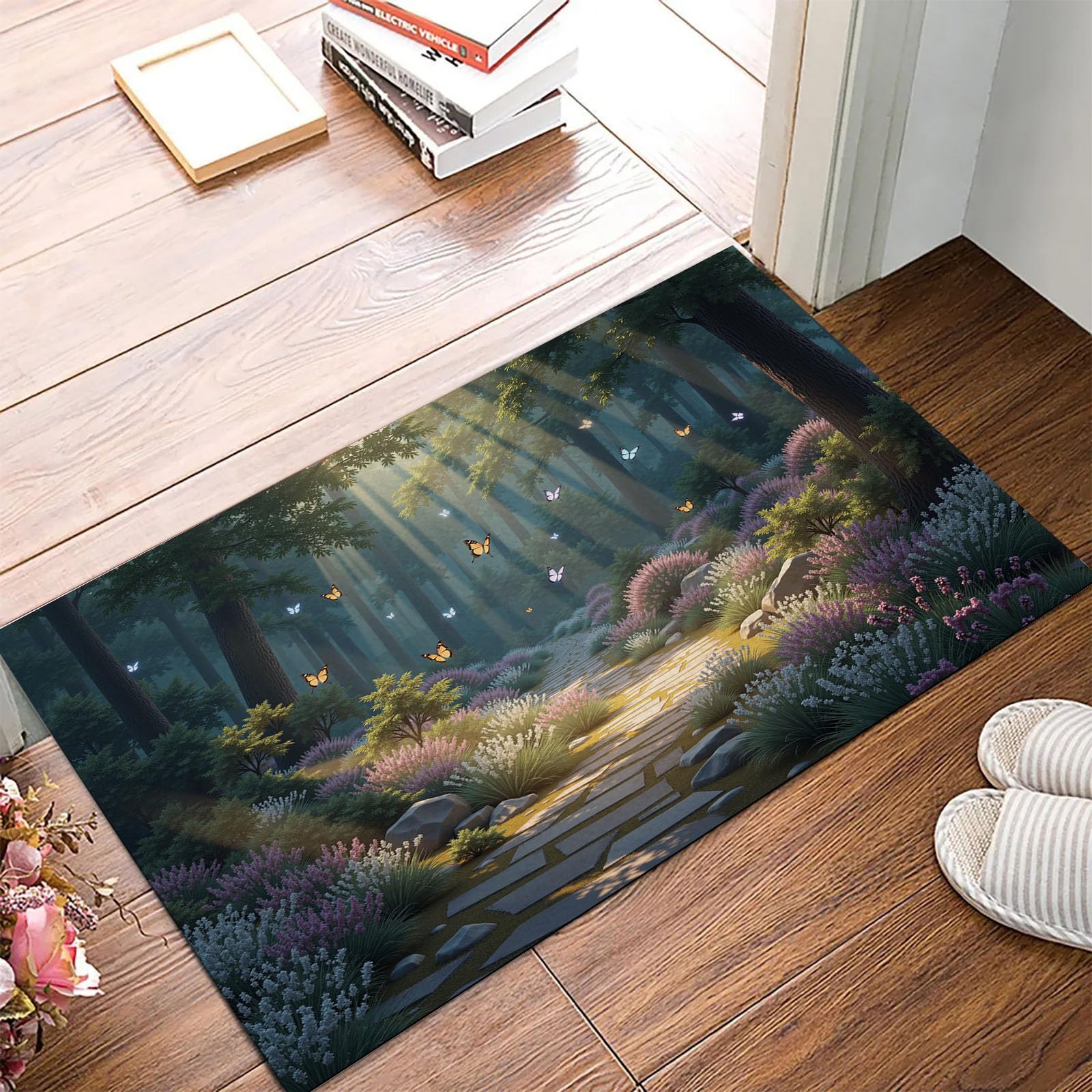 Paillasson de intérieur Antidérapant, Tapis de Rêve Forêt, Tapis Salle de Bain Flanelle Douce, Absorbant l'eau, pour Cuisine (Fleurs Papillons, 80x120cm