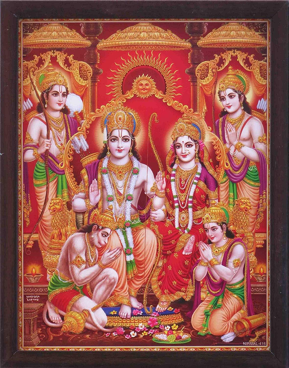 SANVIKA Hanuman Showing His Humbleness in Ram Darbar and Mata Sita Giving Blessings. A Holy Religious Poster Painting with Frame for Hindu Worship Purpose (COL13)
