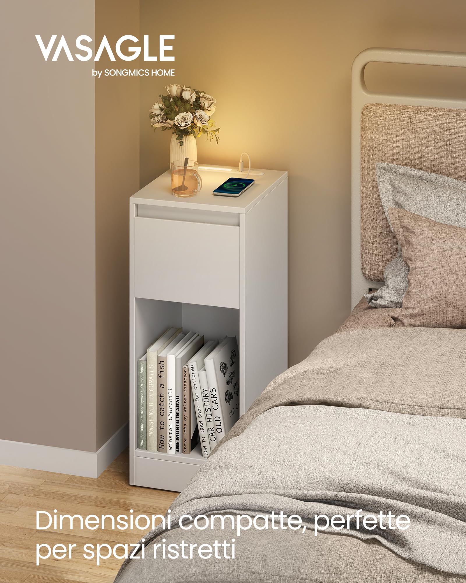 VASAGLE Comodino sottile con stazione di ricarica e luce LED, set di 2 tavolini laterali stretti, porte USB, cassetto e scomparto aperto, per camera da letto, soggiorno, bianco nuvola LET710W01