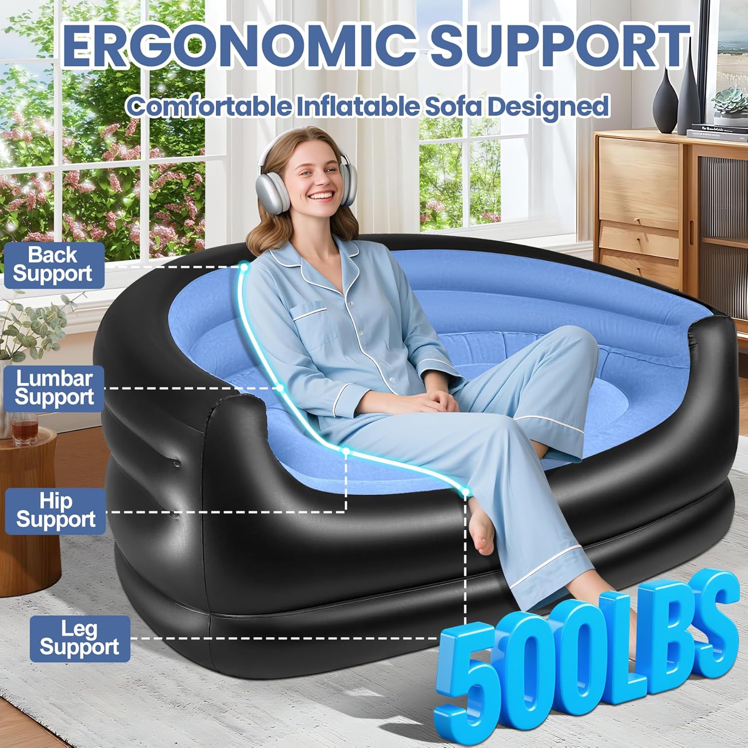 LanSuper Twin Size Inflatable Couch, Blow up couch with Pump,Flocked Surface Inflatable Chair for Adults, Portable Air Sofa Inflatable Couch, Waterproof Air Couch,Comfortable Blow up Couch for Camping