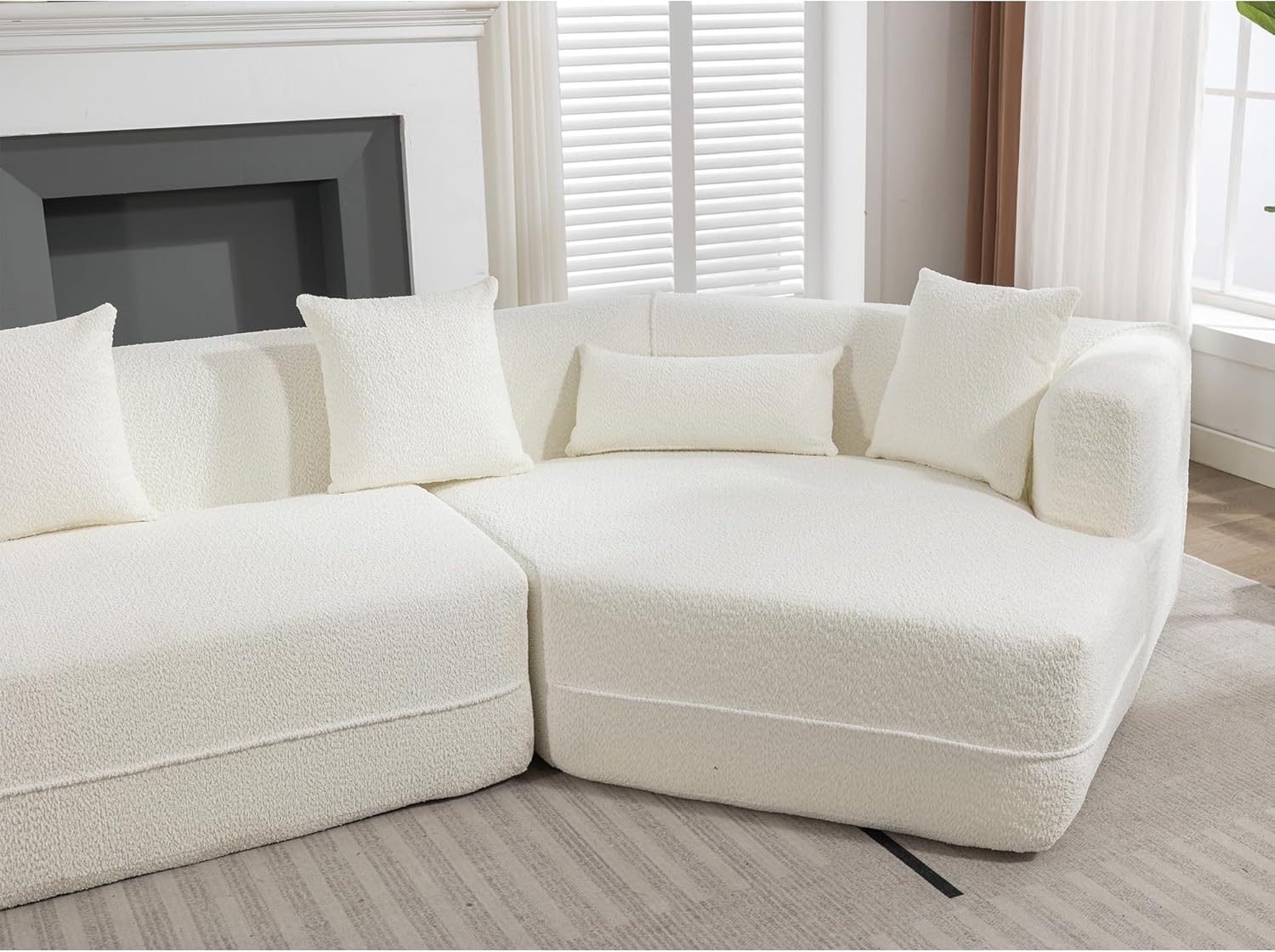 KEIKI 128" Oversized Modular Boucle Sectional Sofa with Flared Armrest, Modern Minimalist Style 3-Seater Reversible Combination Couch, Easy Assembly, for Apartment, Living Room, Bedroom, Creamy White