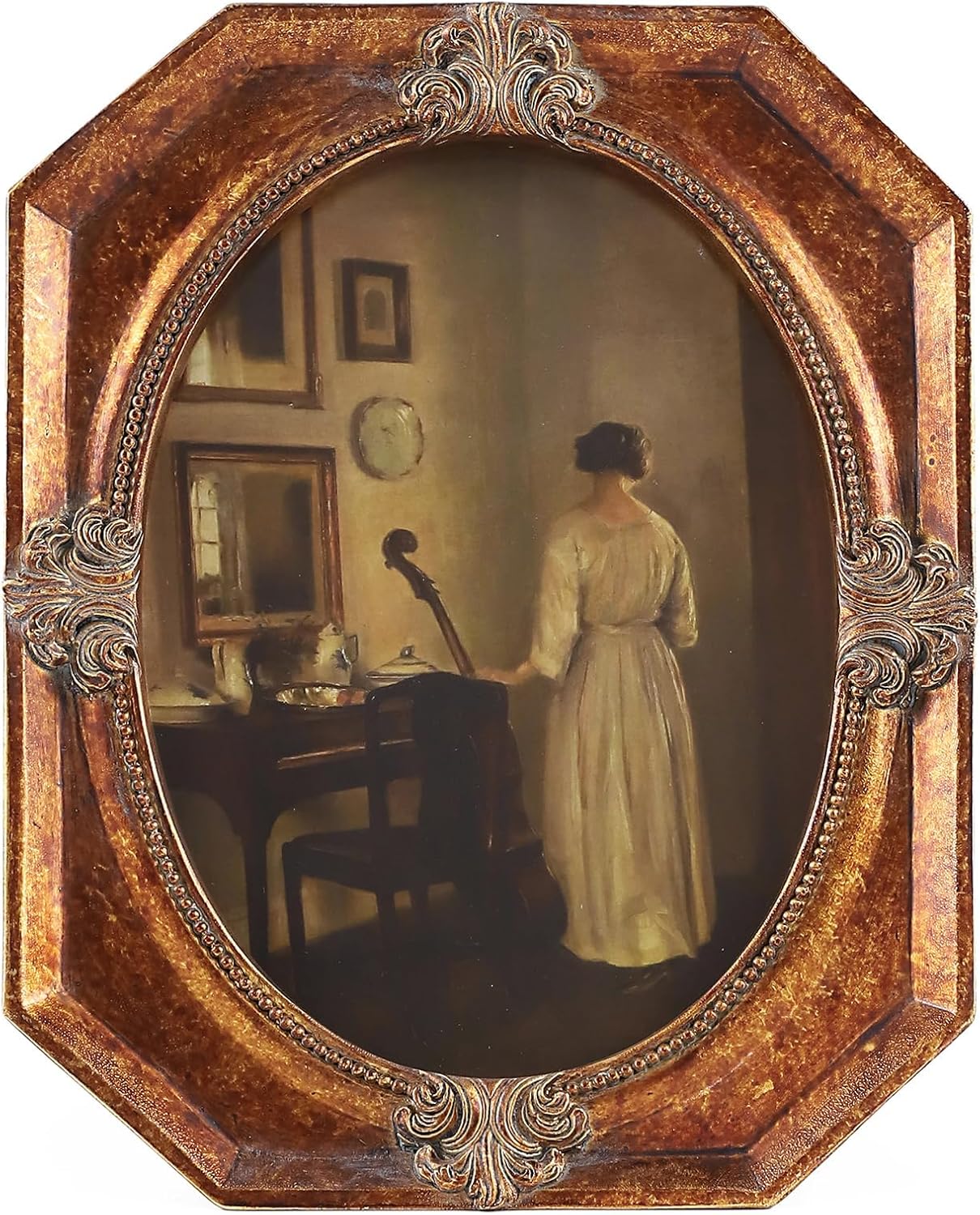 Marcos de fotos vintage de bronce de 5 x 7 pulgadas, marco de fotos ovalado ornamentado para mesa y colgar en la pared, arte de pared de galería de