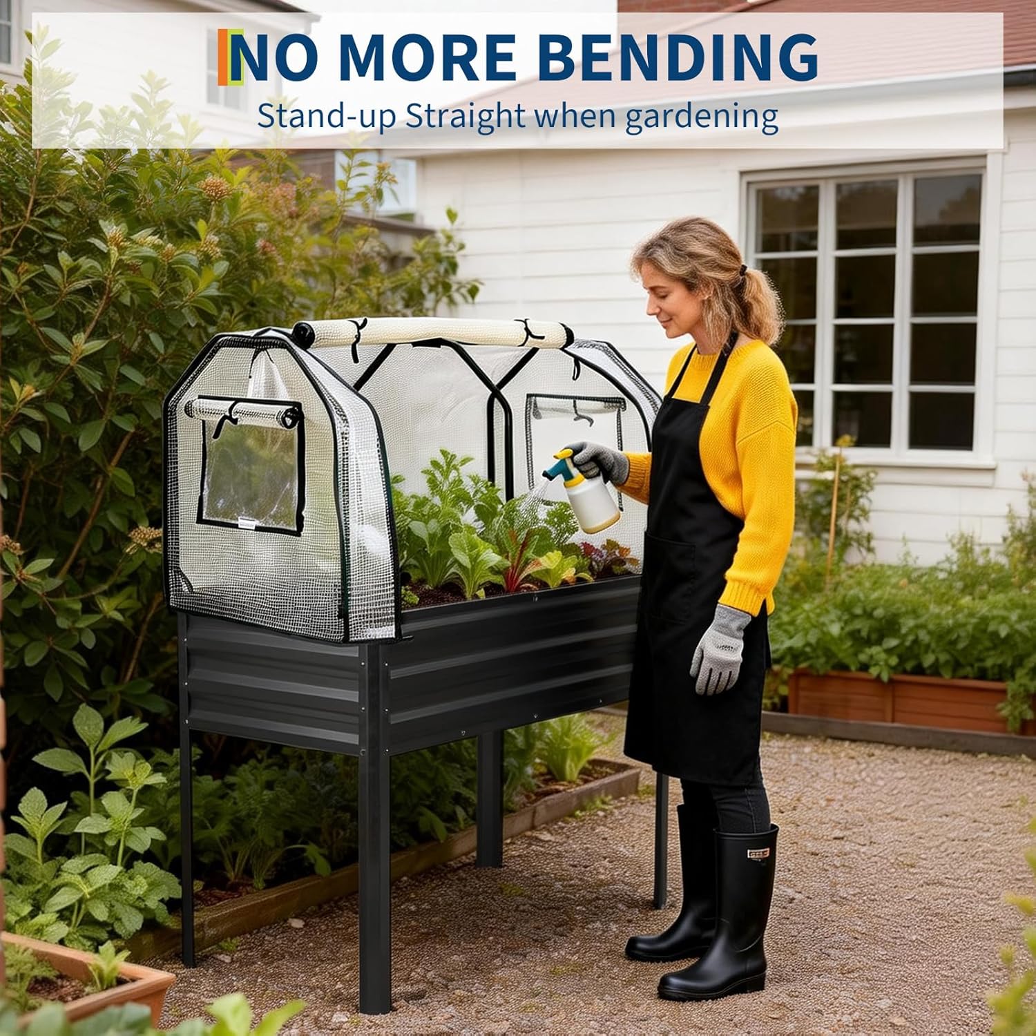 GarveeLife Raised Garden Bed with Legs, Galvanized Metal Elevated Garden Bed with Cover & Built-in Spray Tube, Raised Planter Box for Backyard, Patio, Balcony, 48x24x55 in, Black