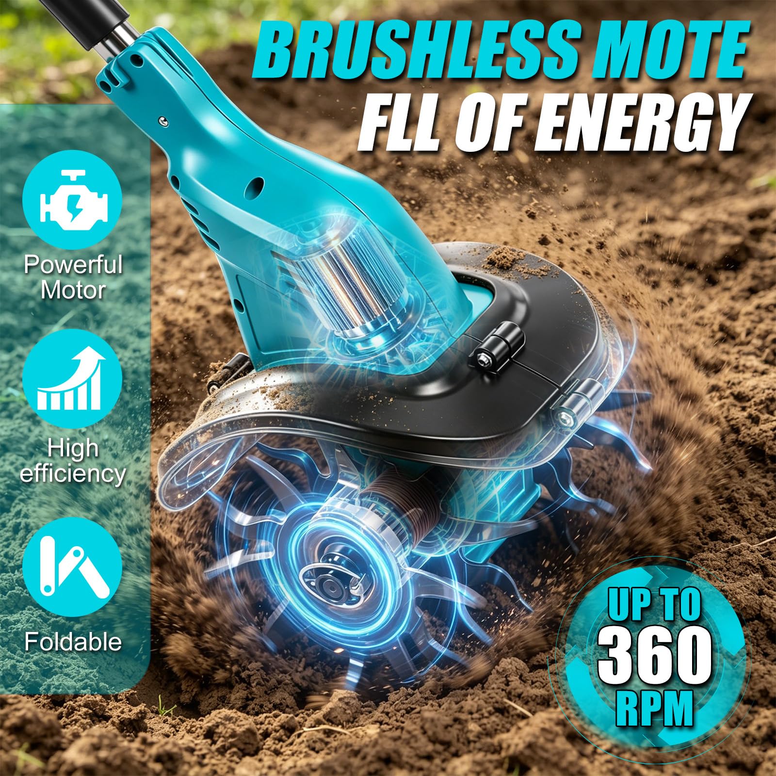 Akku-Bodenhacke Motorhacke für Makita 18V Akku, 16cm Bodenbearbeitungstiefe 23cm Bearbeitungsbreite, Gartenfräse mit 360 U/min Bürstenloser Motor, Elektro Motorhacke für Garten und Rasen (Ohne Akku)