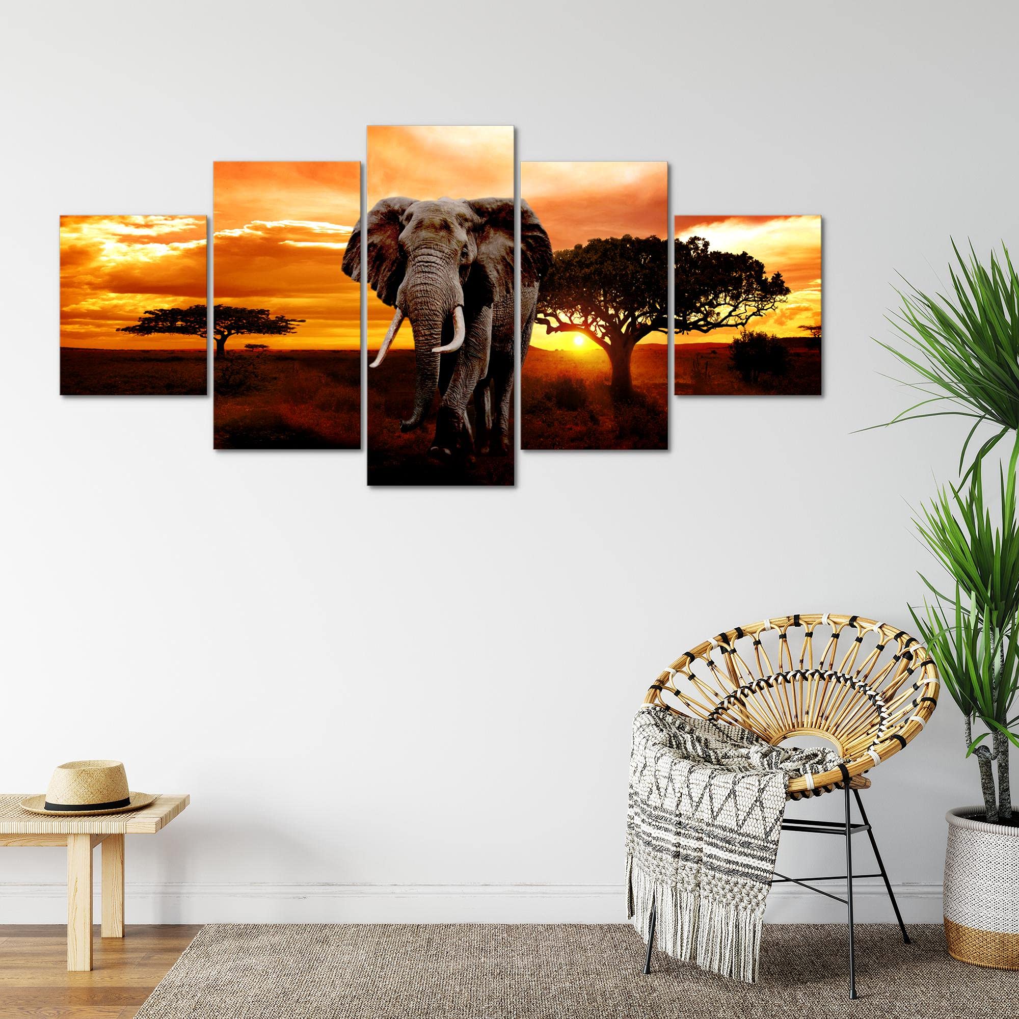 Runa Art - Bilder Afrika Elefant 200 x 100 cm 5 Teilig XXL Wanddekoration Design Orange 001251a