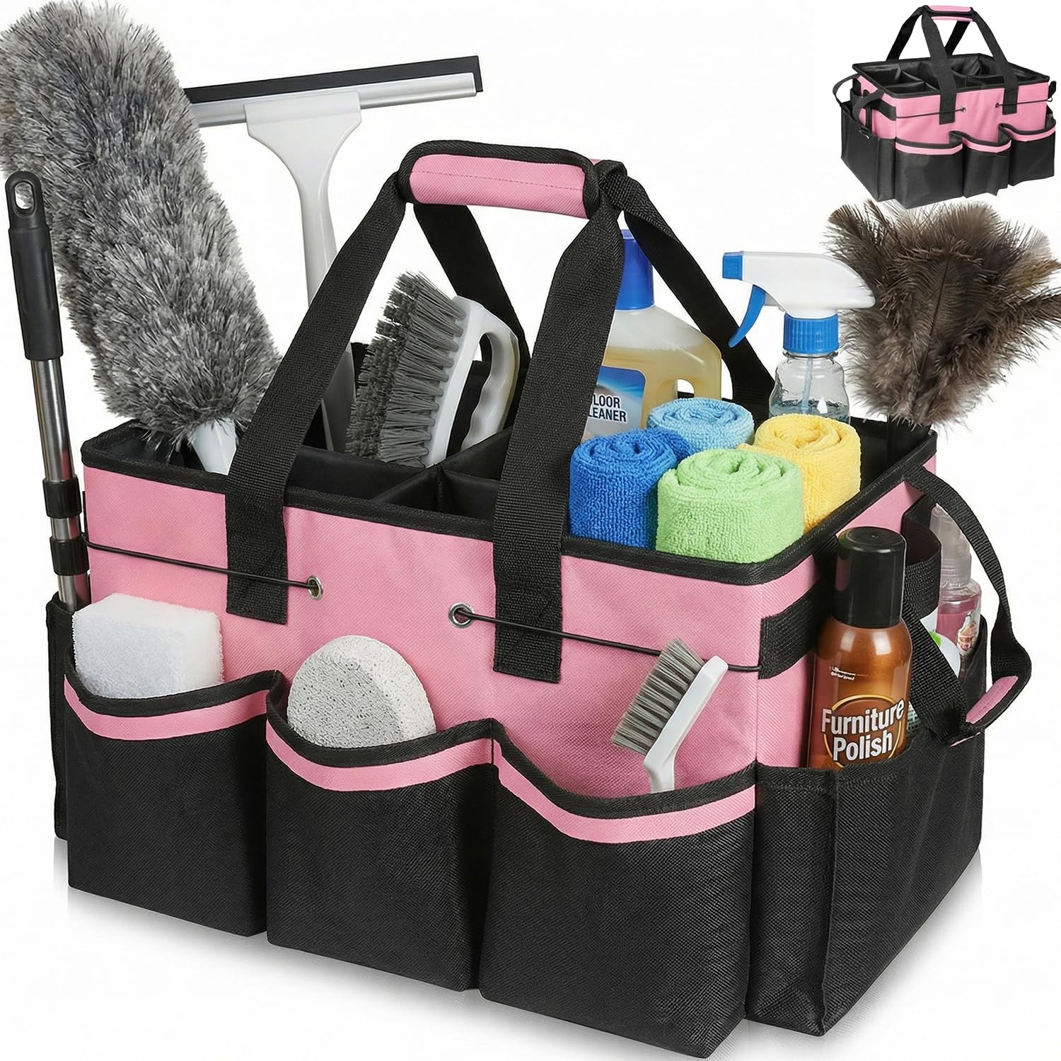Xtrillogen Large Cleaning Caddy with Handle,Spacious Multi Compartment Cleaning Bag Products,Featuring Removable Dividers,Adjustable Shoulder and Waist Straps,Suitable for Home and Tool Storage(Pink)