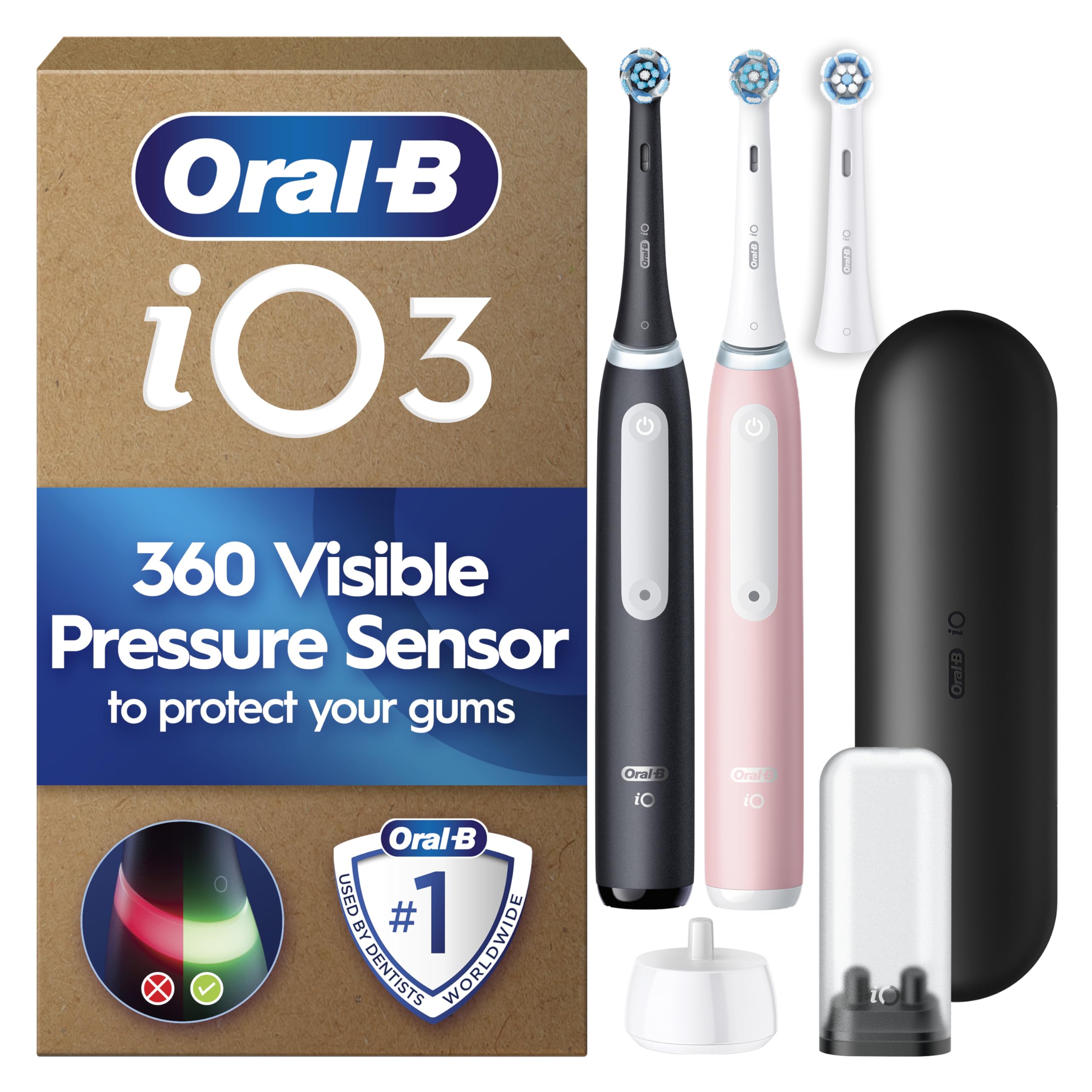 Oral-B iO3 Electric Toothbrush for Adults, 2 Handles, Matt Black & Blush Pink - 3 Brush Heads, Long-Lasting Battery, Travel Case, Brush Head Holder, UK Two Pin Plug