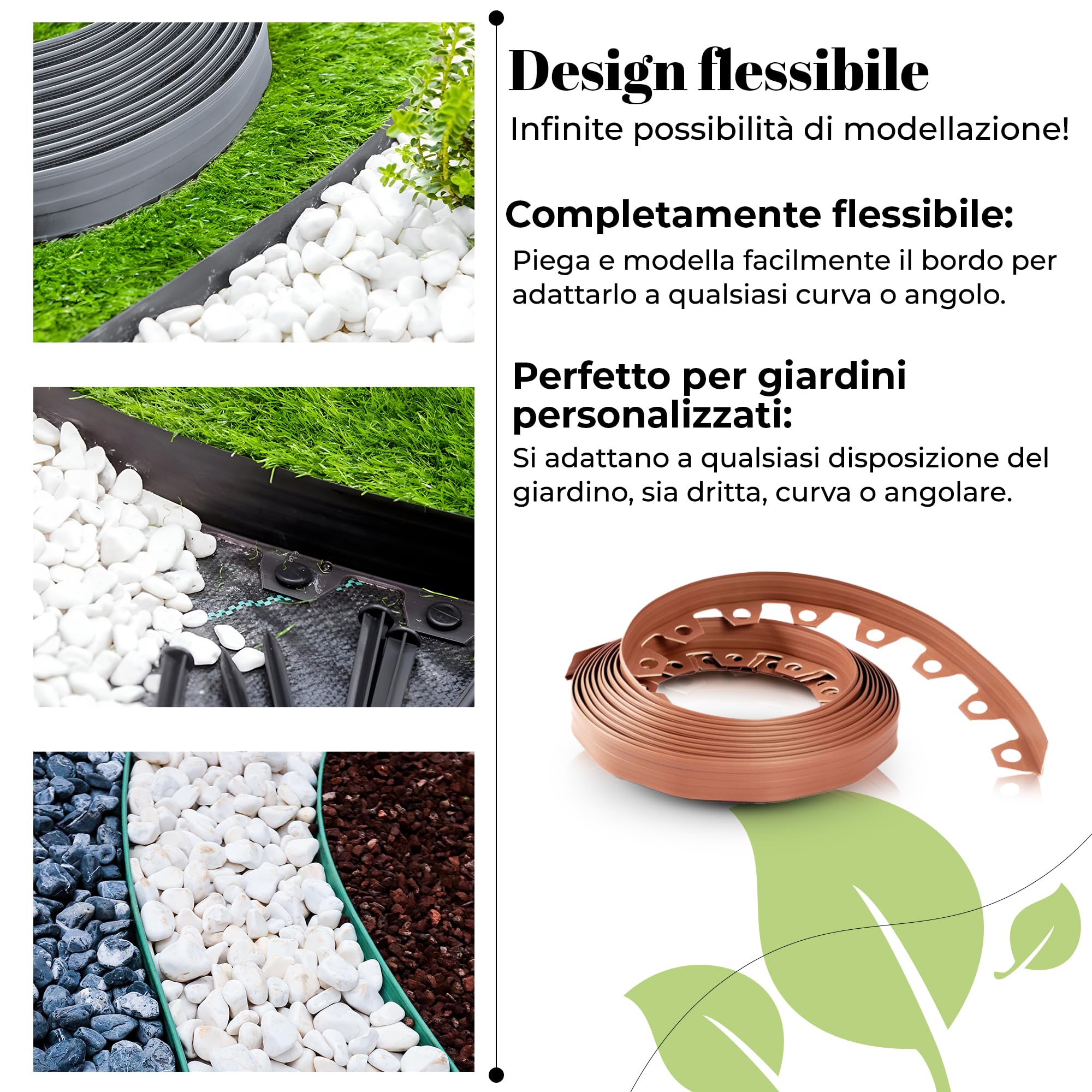 GARDENIX Bordo flessibile per prato, in plastica, resistente alle intemperie, rotondo, per aiuole, 10 m, 20 ancore, altezza 10 cm, per giardini e robot tosaerba