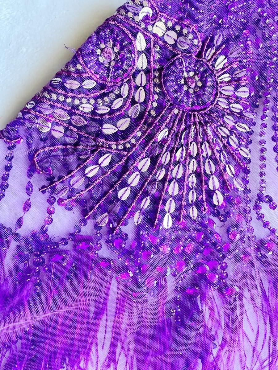 Pure handsewing Beads Trim Patches Rhinestones Bodice Applique with Ostrich Fur Decoration Shining Dress Clothing Accessories (Purple)