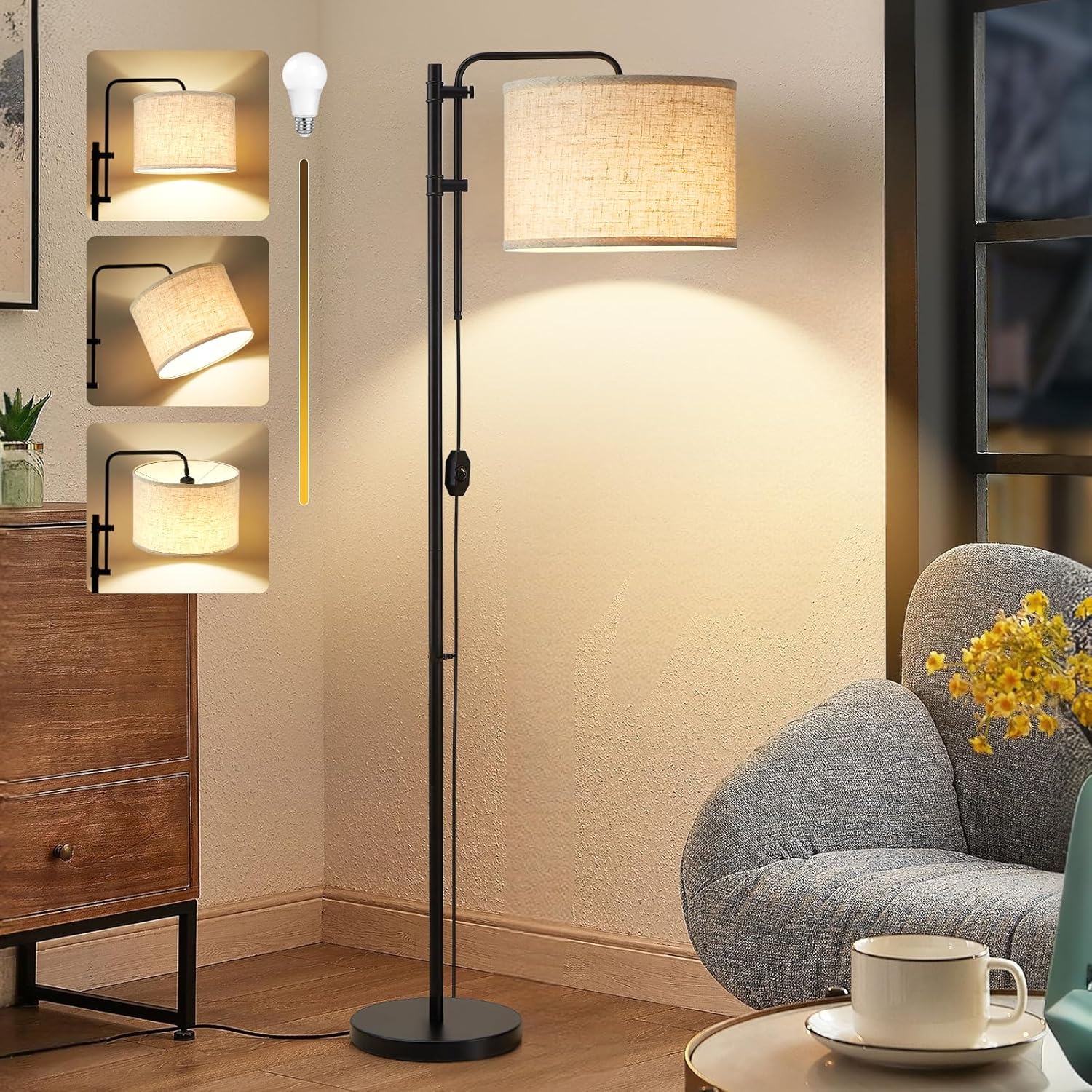 GyroVu Floor Lamp for Living Room, Adjustable Height Standing Lamps with 350° Rotate Beige Lampshade, 67.5-Inch Modern Tall Lamp Dimmable Floor Lamps for Corner Bedroom Home Office (Bulb Included)