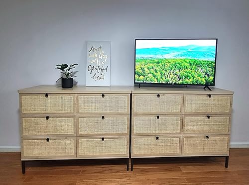 Miniatura 8 de Yechen Cómoda moderna de 6 cajones con cajones de ratán natural, doble cómoda de madera industrial para dormitorio con patas de acero resistentes,