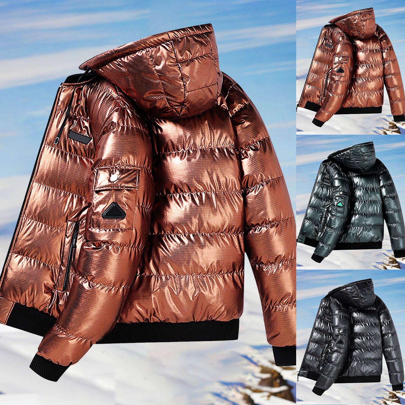 Generisch Piumino da uomo lucido, giacca con cappuccio, tinta unita, con colletto alto, caldo, imbottita, giacca trapuntata, giacca invernale, per l'inverno metallizzato, Thickened Shiny Detachable