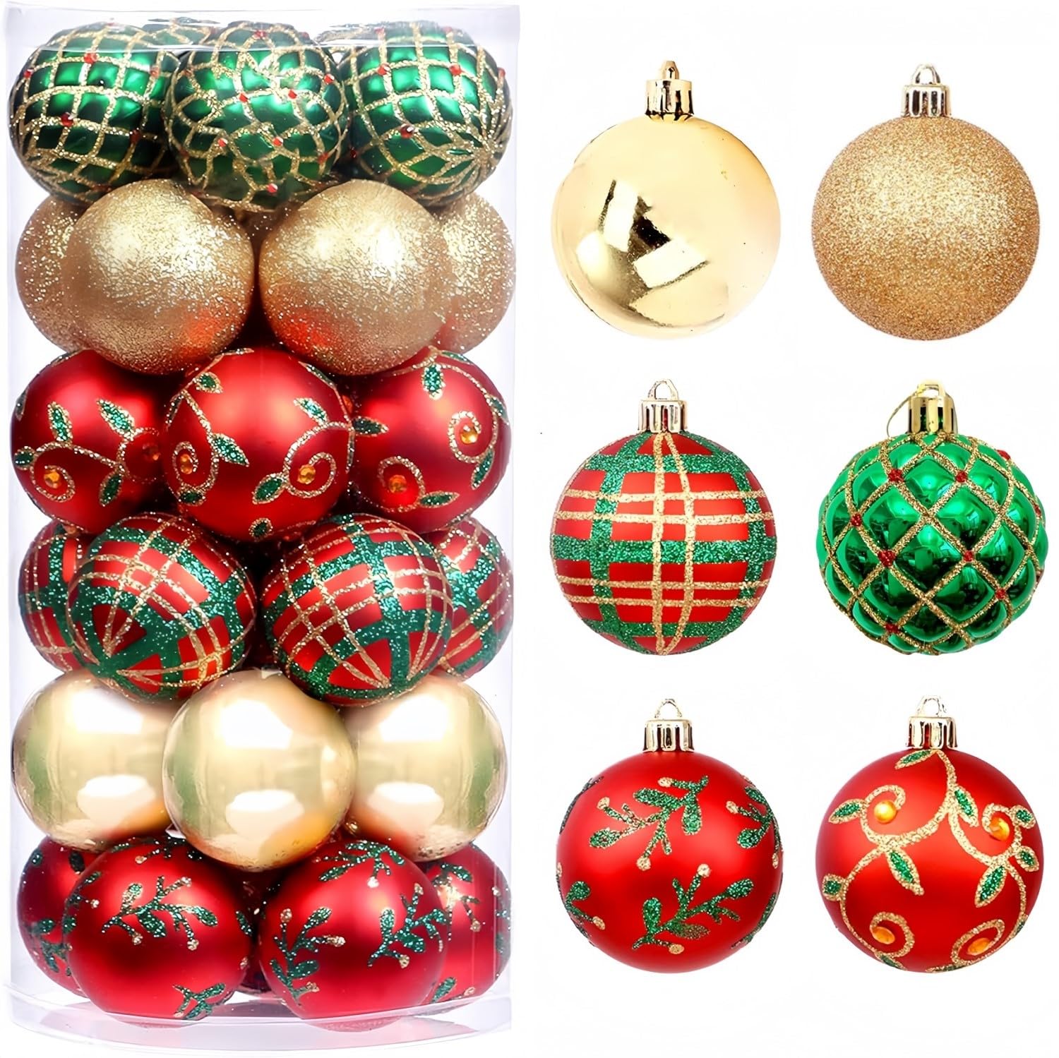 KAHEIGN 30Pcs Christmas Baubles, 6CM Red Green Gold Christmas Ball Ornaments Shatterproof Christma Hanging Balls Sets for Christma Tree Holidays Home Xmas Party Decoration (6 Styles)