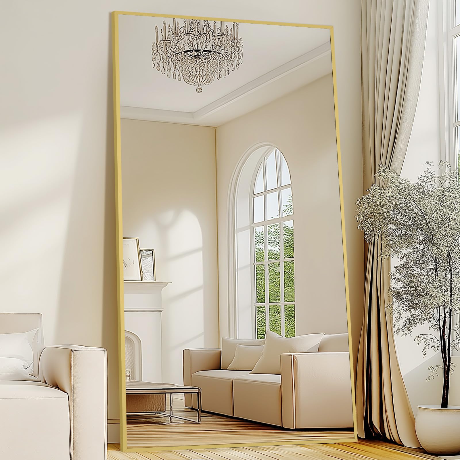 Condition photo showing New/Like New for 82"x44" full length mirror with stand, oversized floor mirror full length, tempered glass extra large free standing mirror for gym bedroom living room clothing store, aluminum alloy frame, gold
