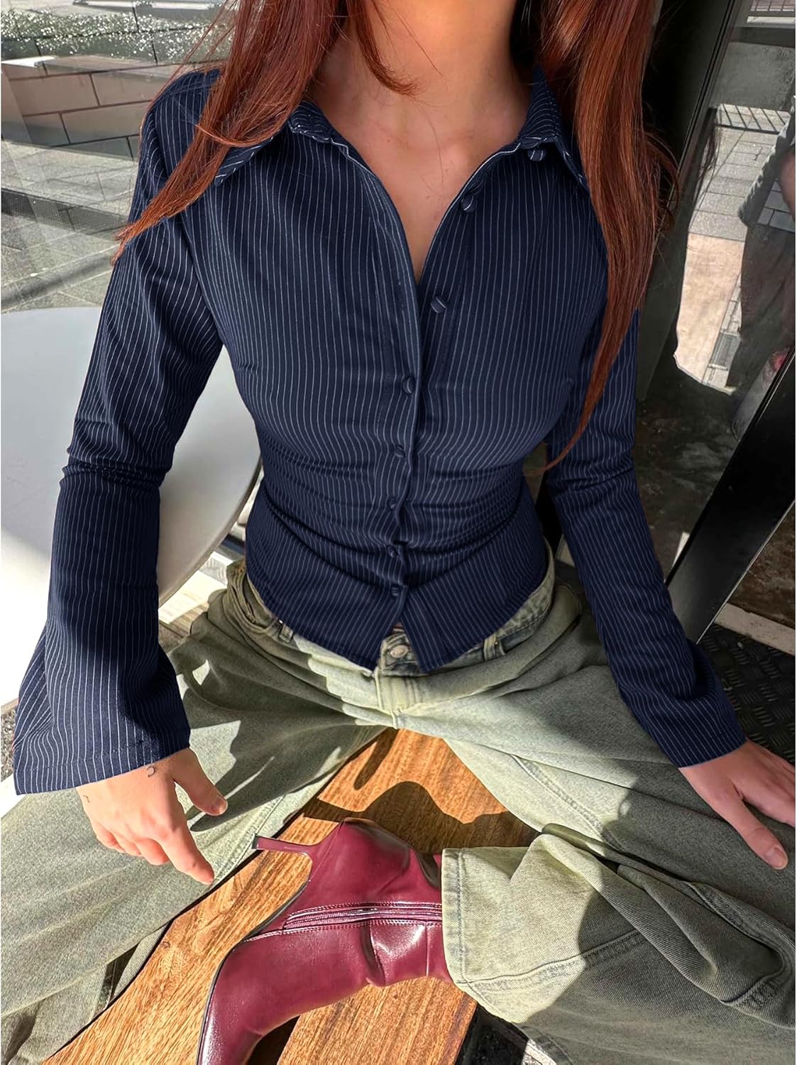 Women Striped Fitted Button Down Shirts Bell Long Sleeve Shirt Office Work Blouse Tops - Image 6