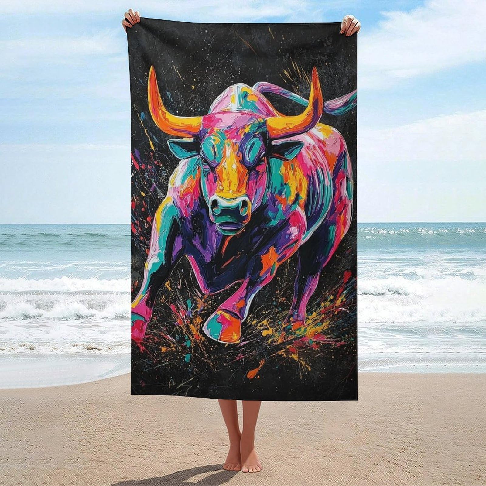 Serviette de plage ultra-compacte motif taureau coloré 130x80 cm
