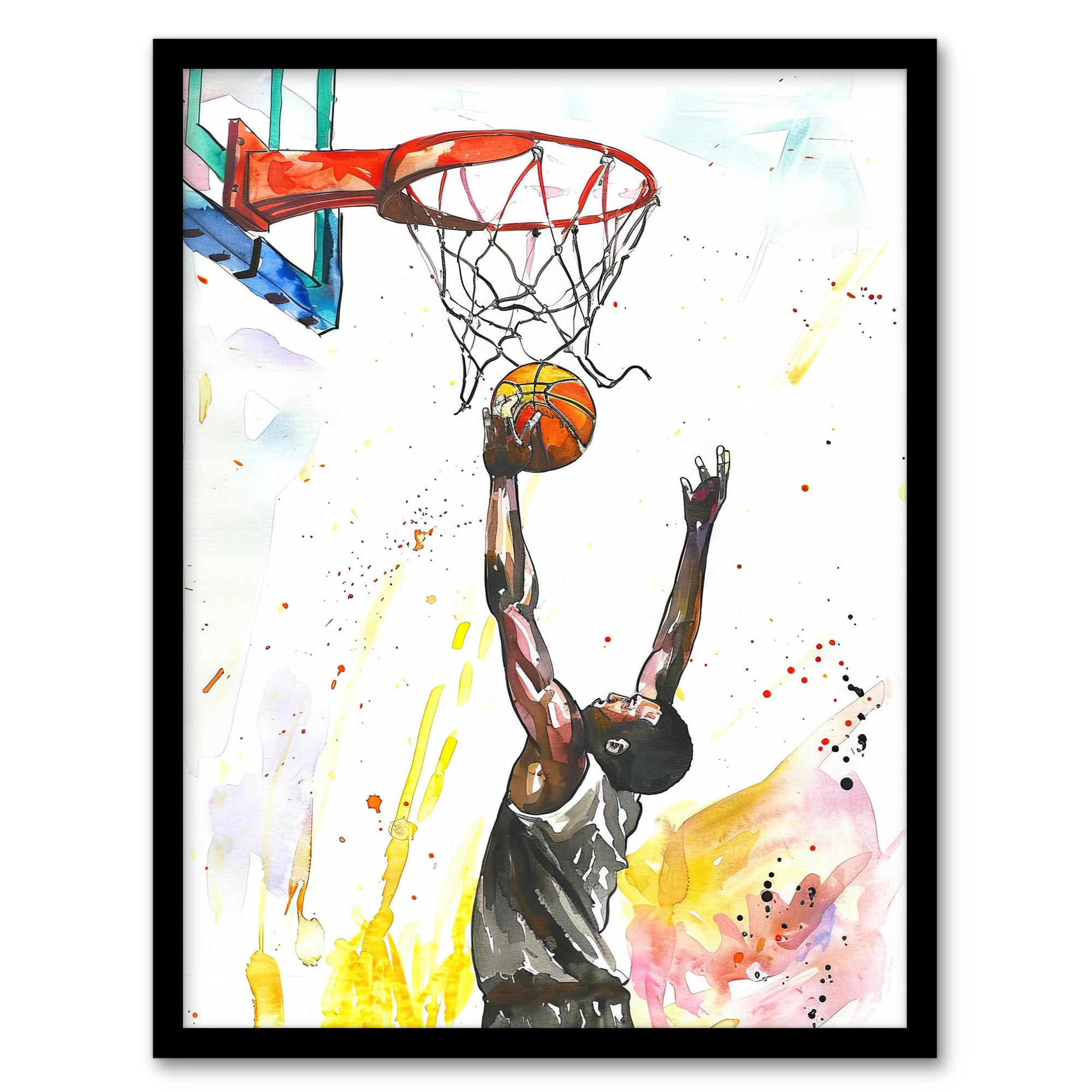 Artery8 Basketball Player Jump Hoop Sport Watercolour Kids Bedroom Nursery Artwork Framed Wall Art Print A4